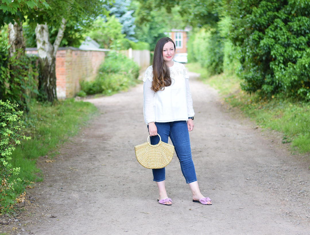 White Stuff SS18 and Zara Pink suede Bow sliders outfit