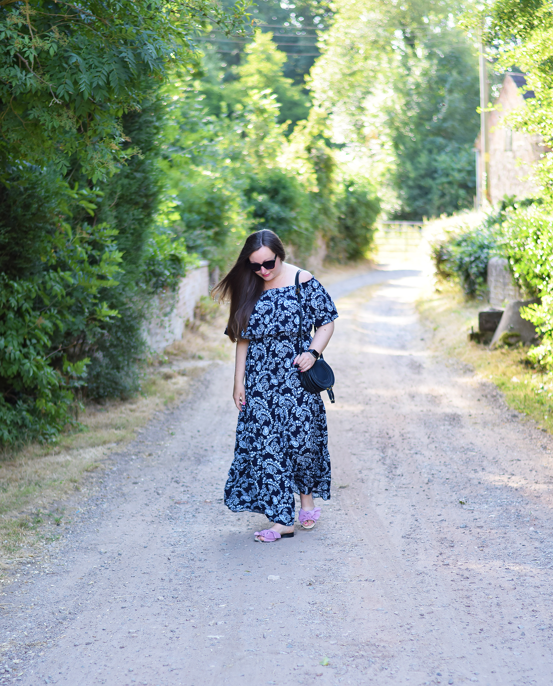 H&M navy blue leaf and floral maxi dress with frill