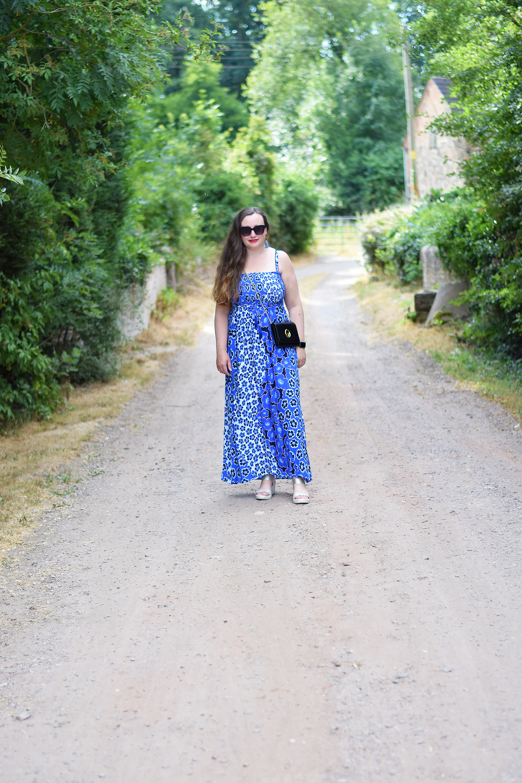 Bright blue floral maxi dress outfit