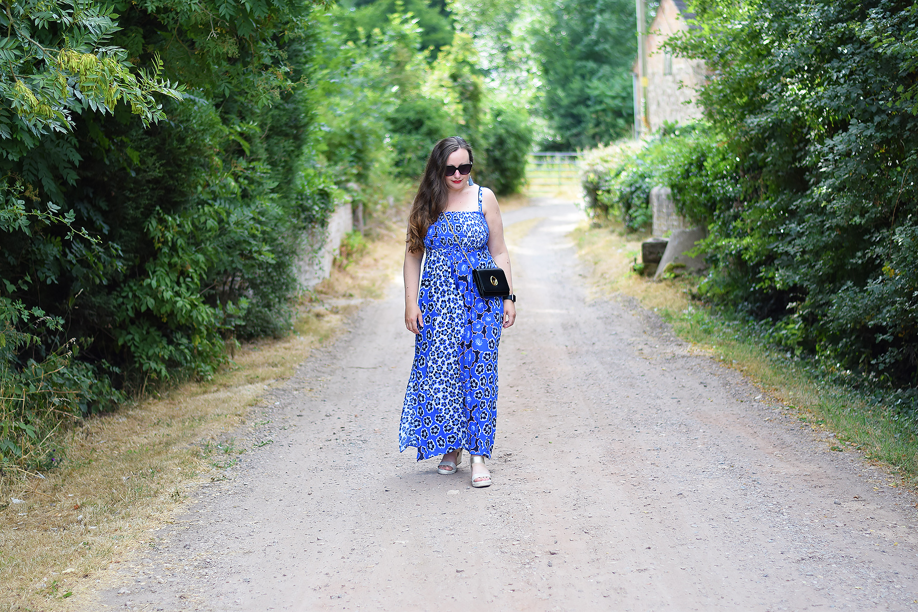 Blue Floral Print Shirred Maxi Dress Outfit JacquardFlower