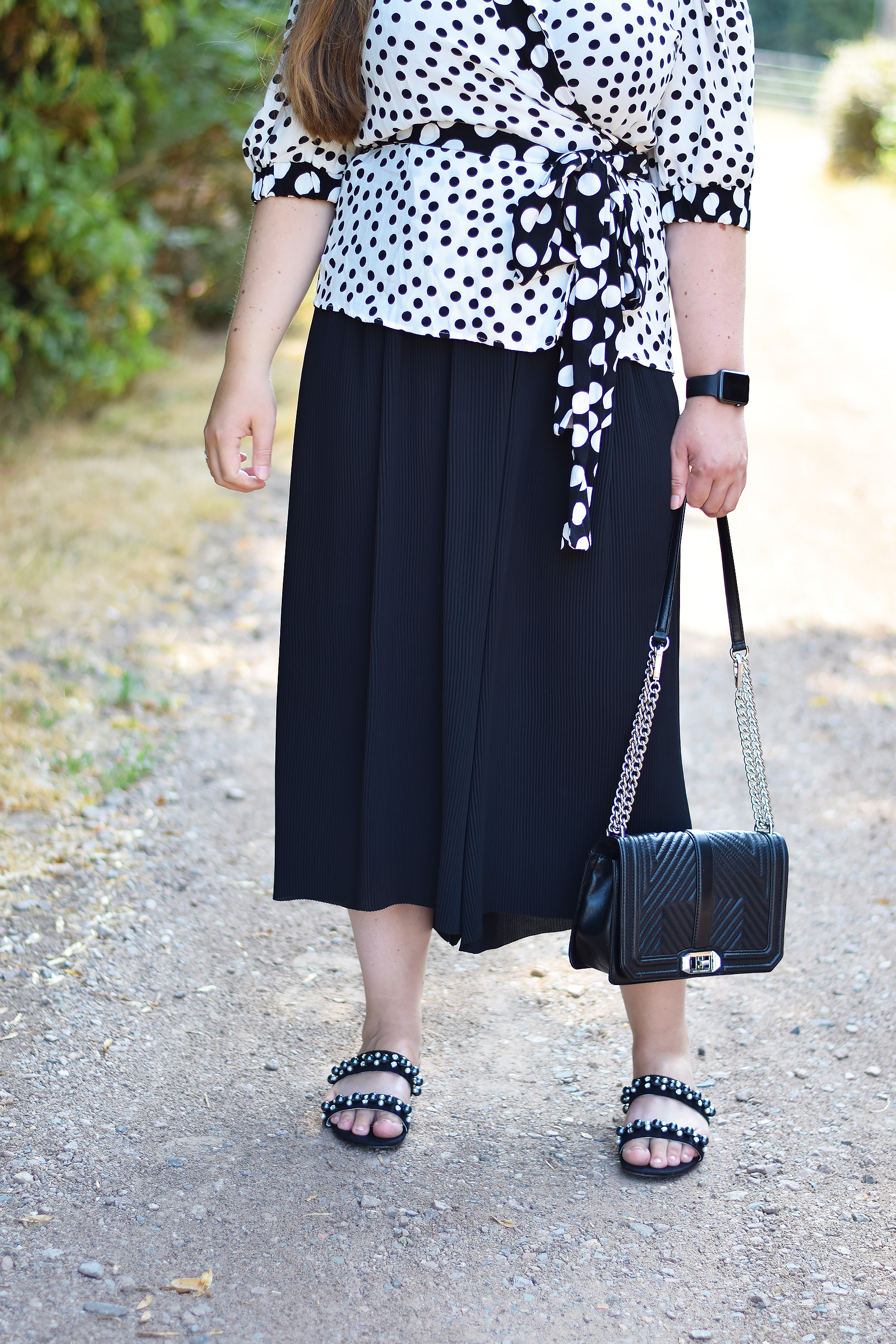 Zara spotty top and black culottes outfit
