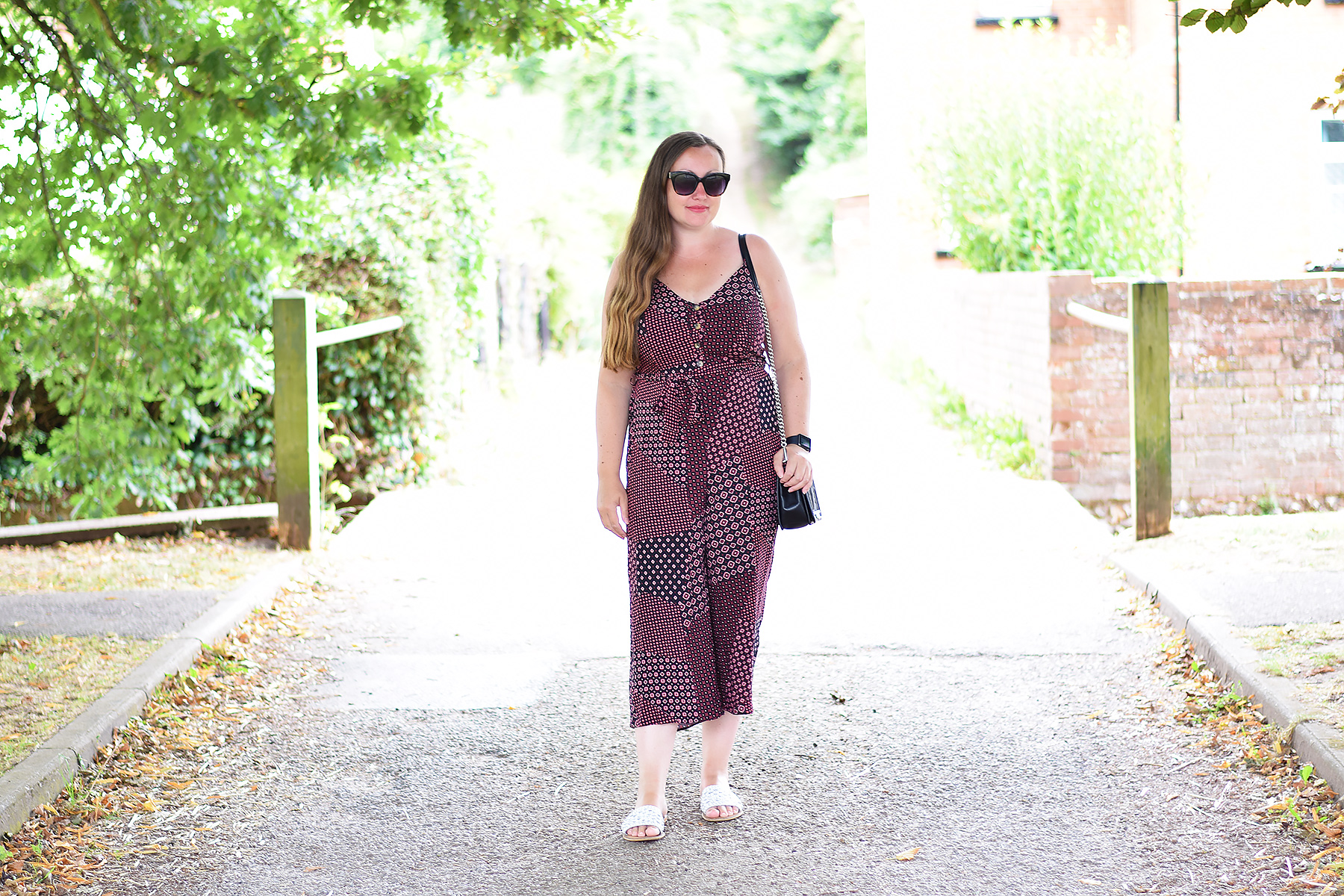Pink and burgundy patchwork print jumpsuit