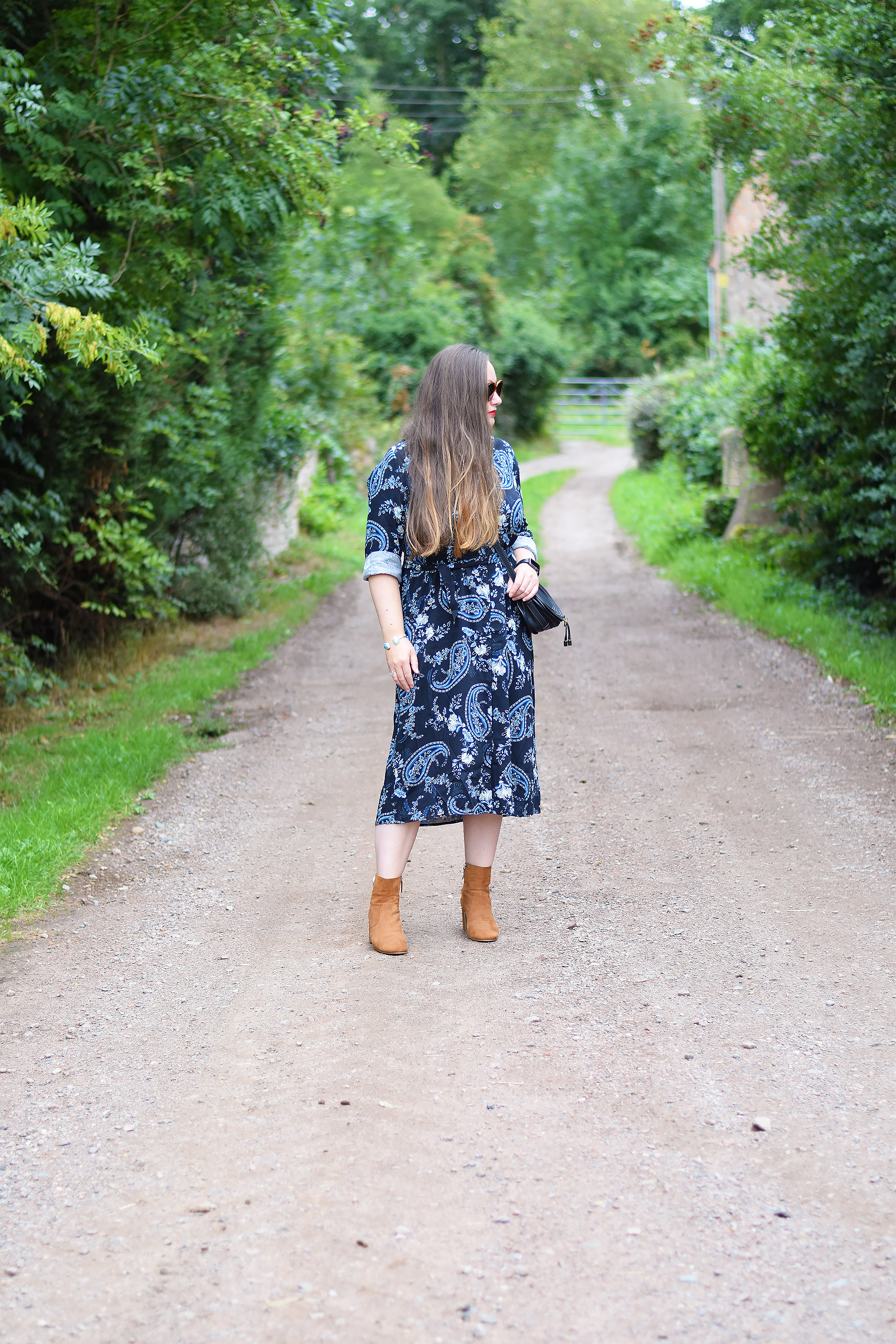 Paisley Shirt Dress and Ankle Boots Outfit