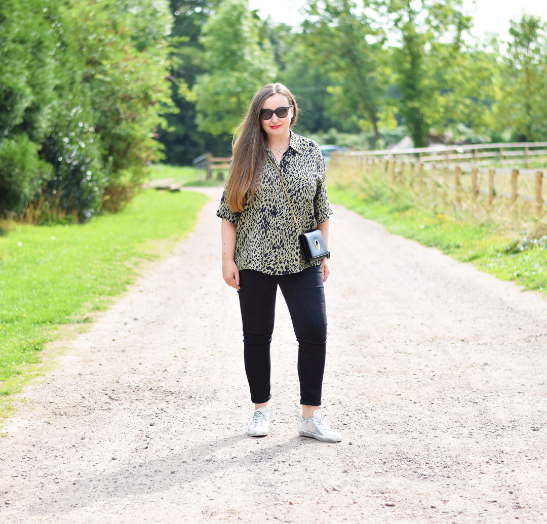 Zara green animal print blouse outfit