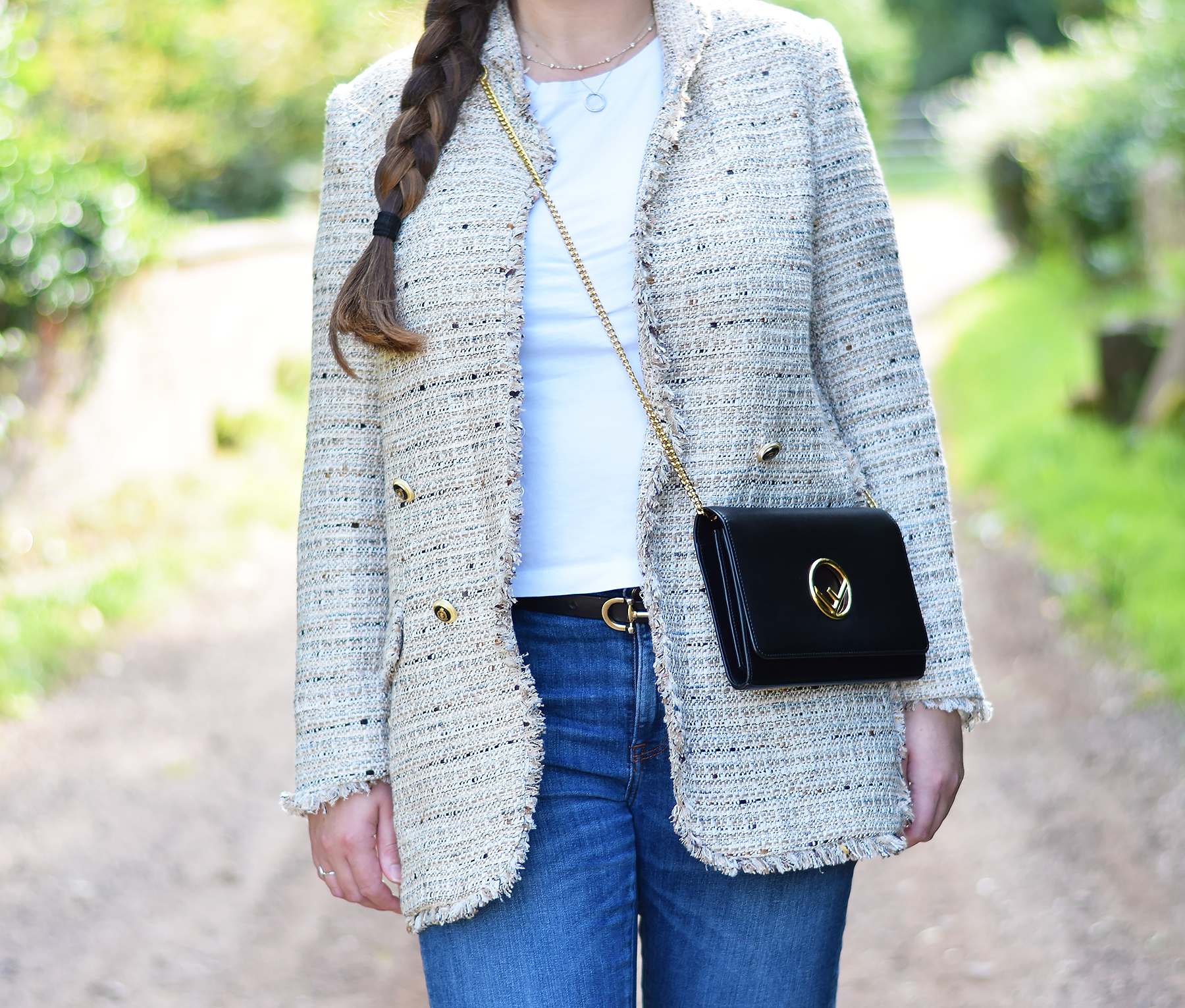 Zara Beige Tweed Blazer Outfit With Fendi Kan I Crossbody Bag