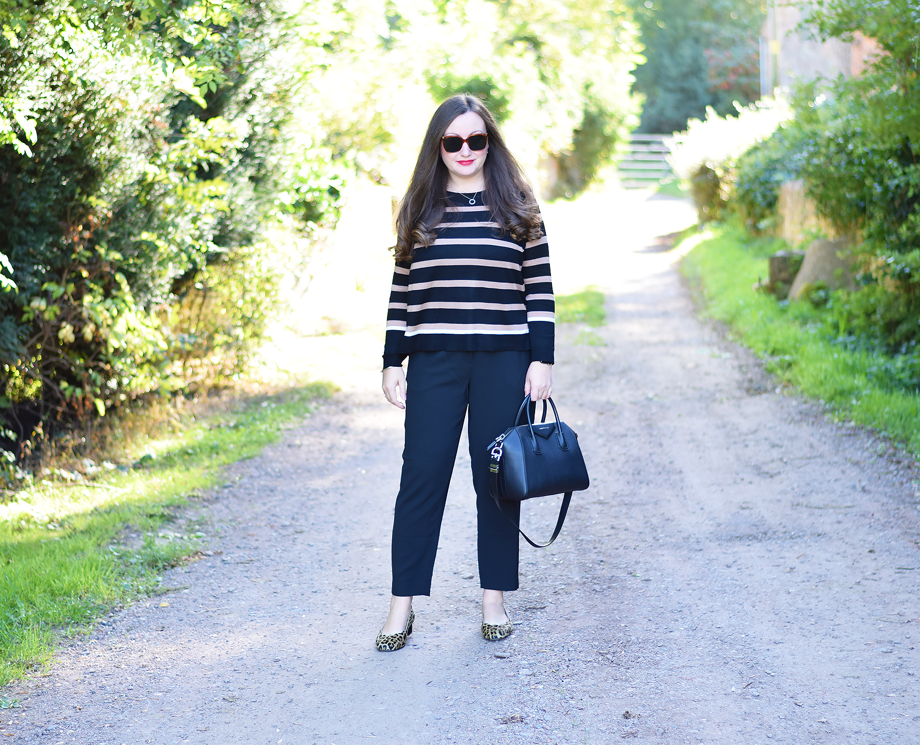 Leopard print shoes and black trousers outfit