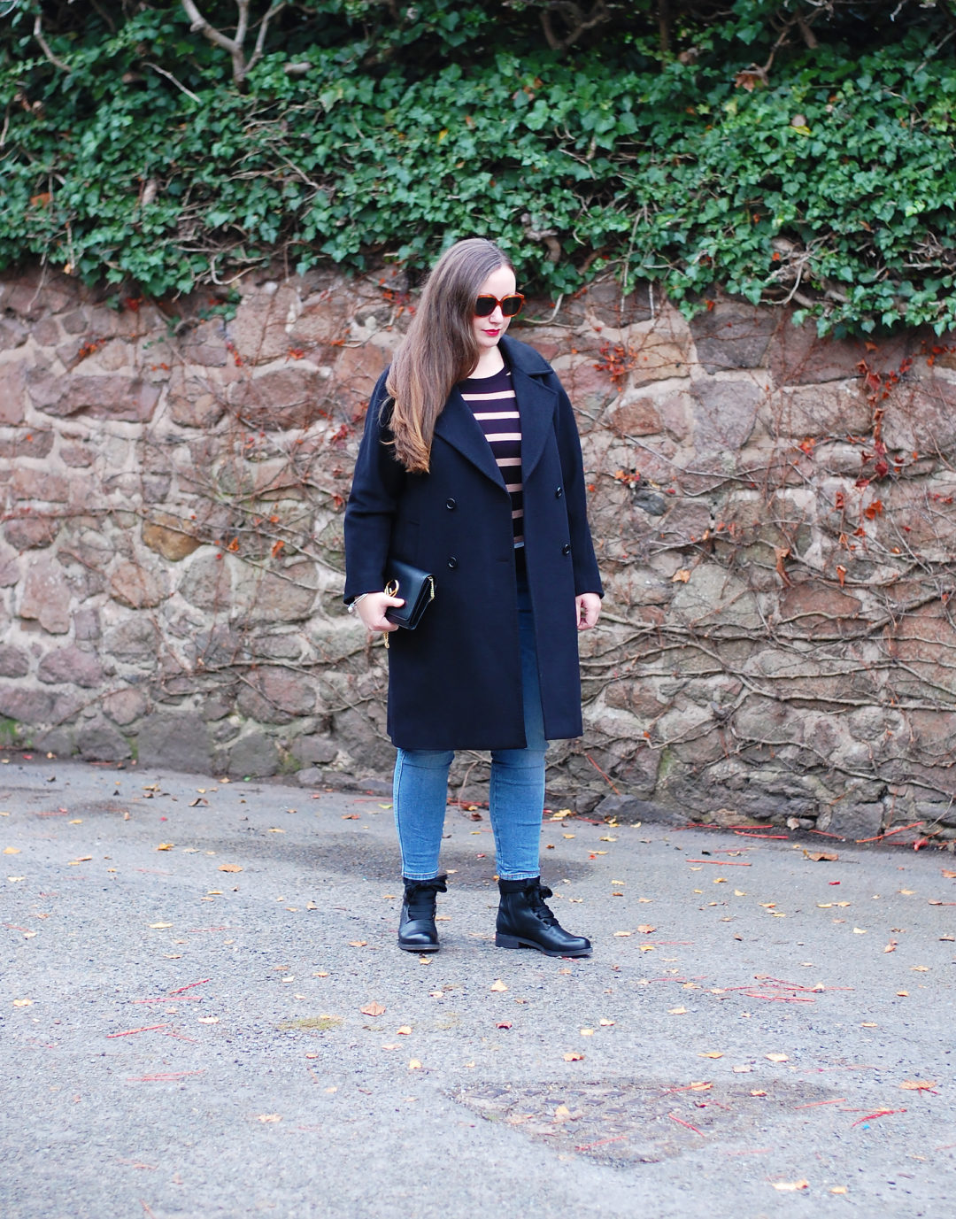 CLASSIC STRIPED SWEATER AND BLACK COAT OUTFIT