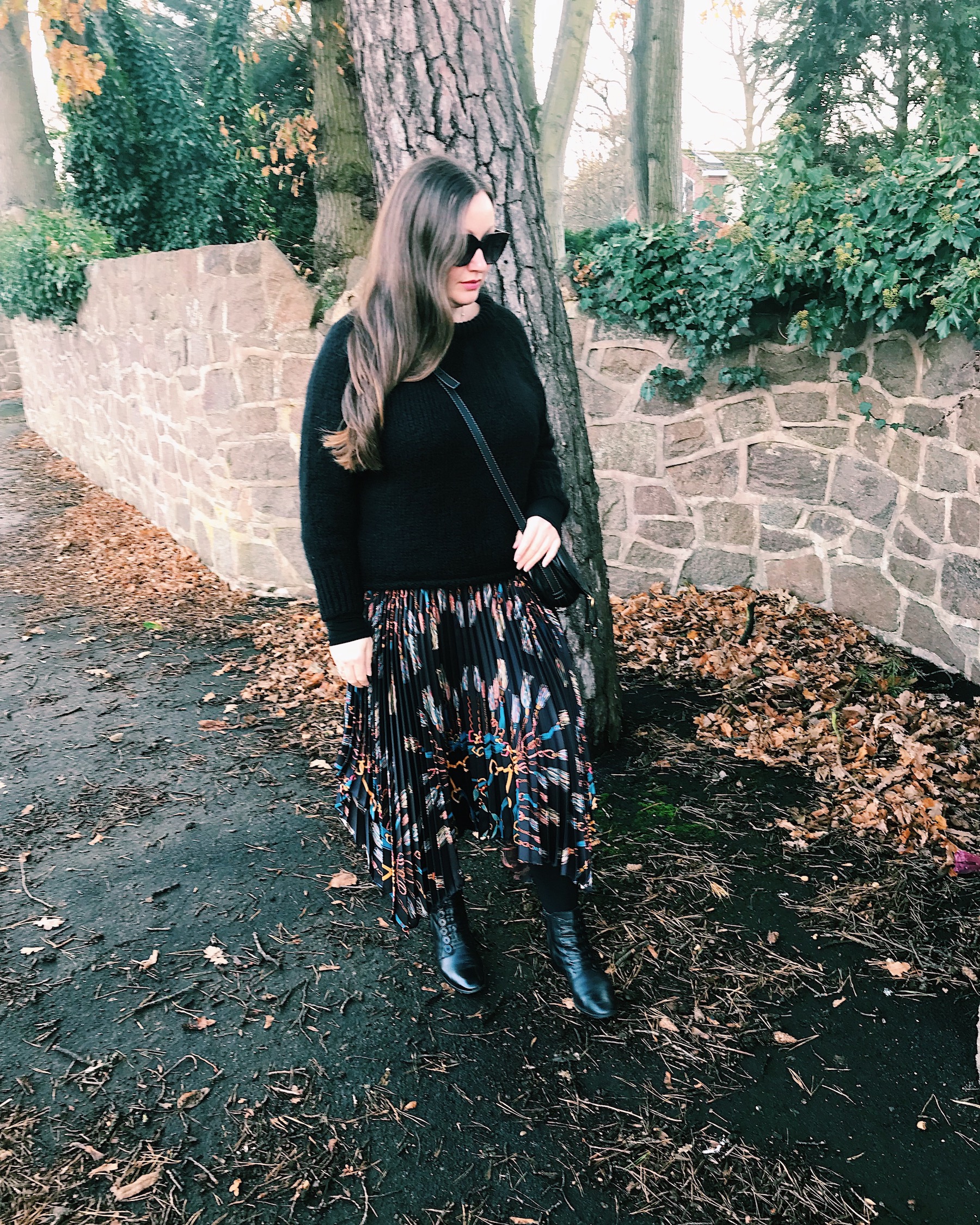 Zara Black Jumper With Patterned Skirt And Mid Heel Ankle Boots