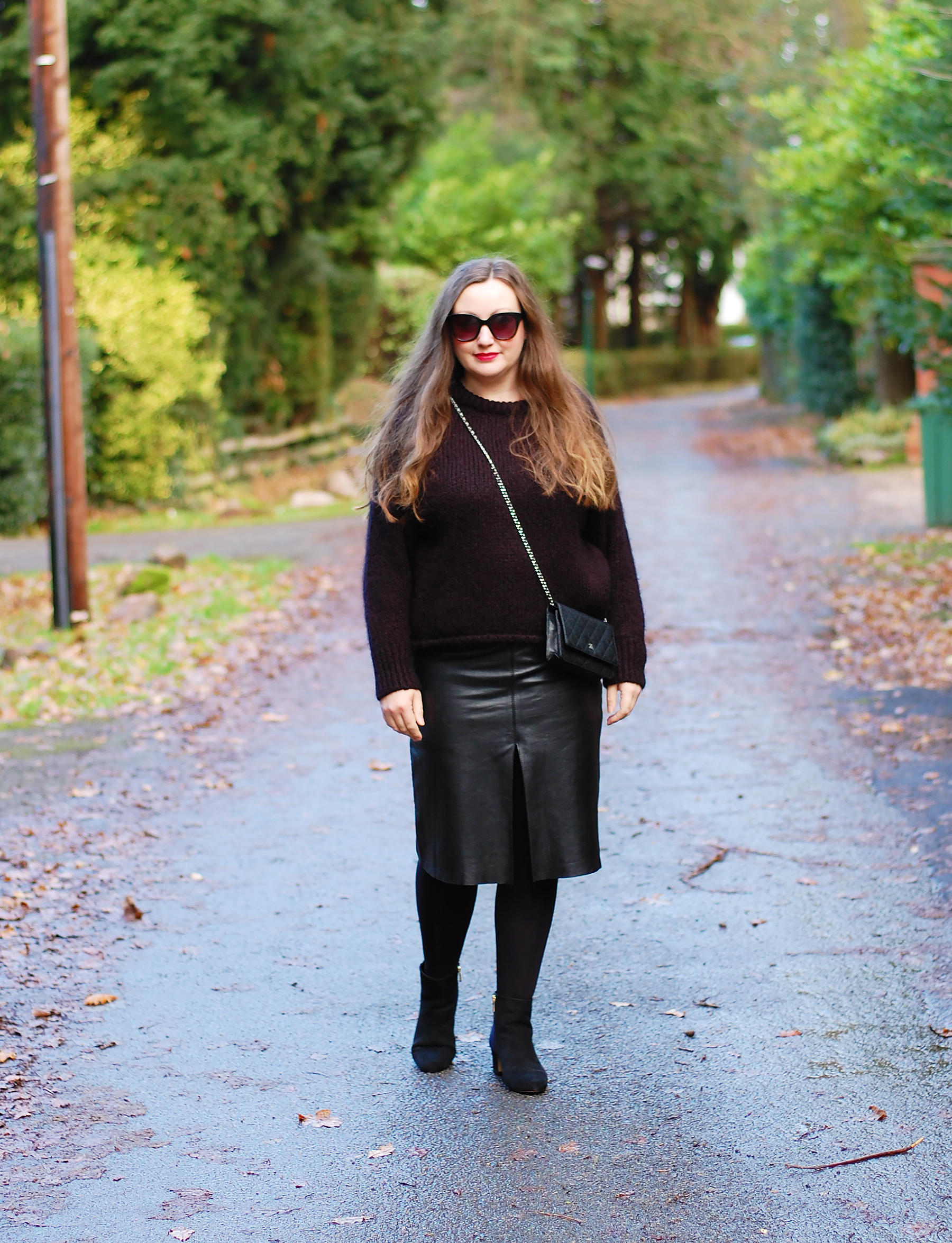 Gemma From Jacquard Flower Uk Fashion Blog Wearing Black Leather Midi Skirt