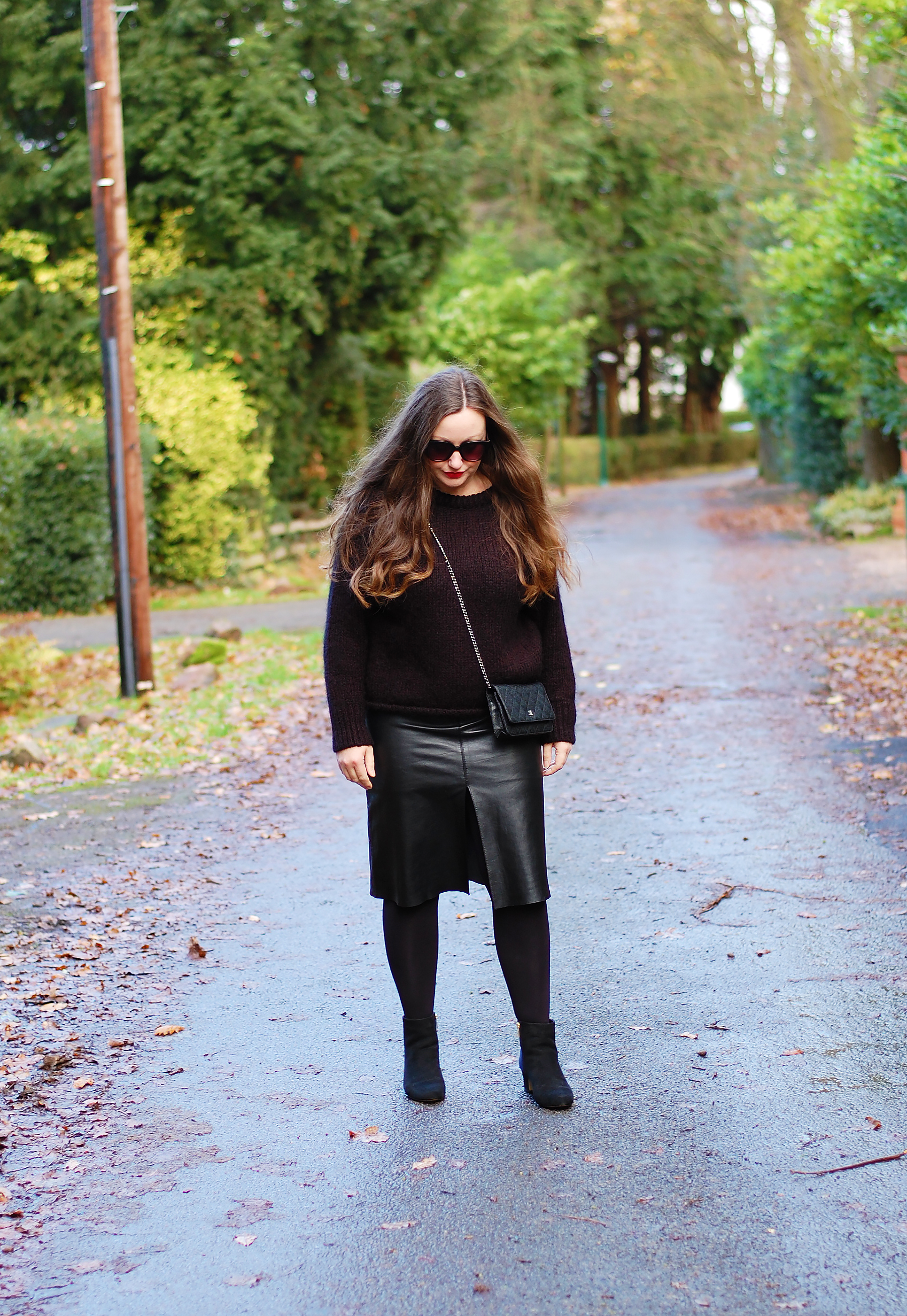 Zara Black Sweater With Leather Midi Skirt