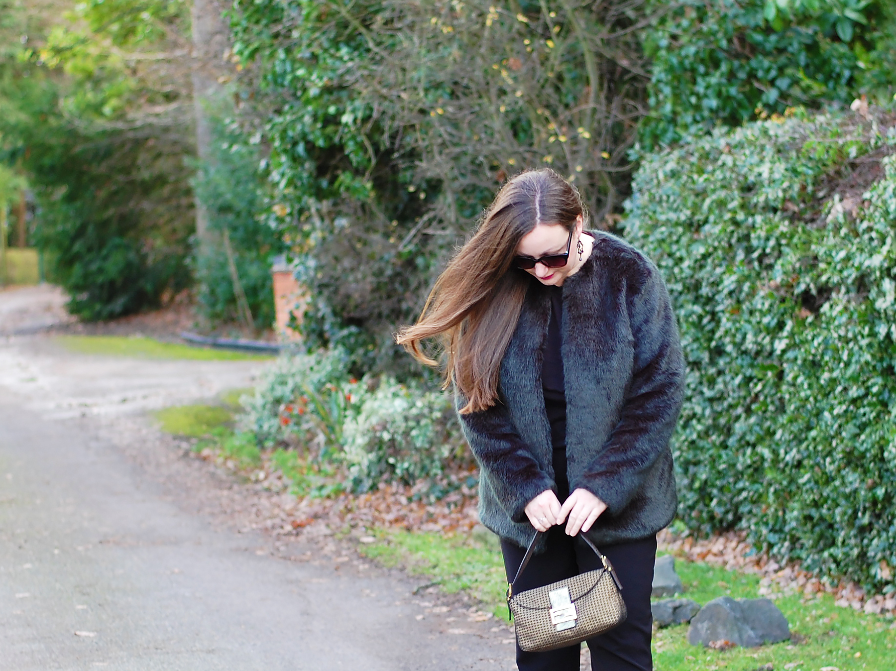 Green Faux Fur Jacket Outfit JacquardFlower