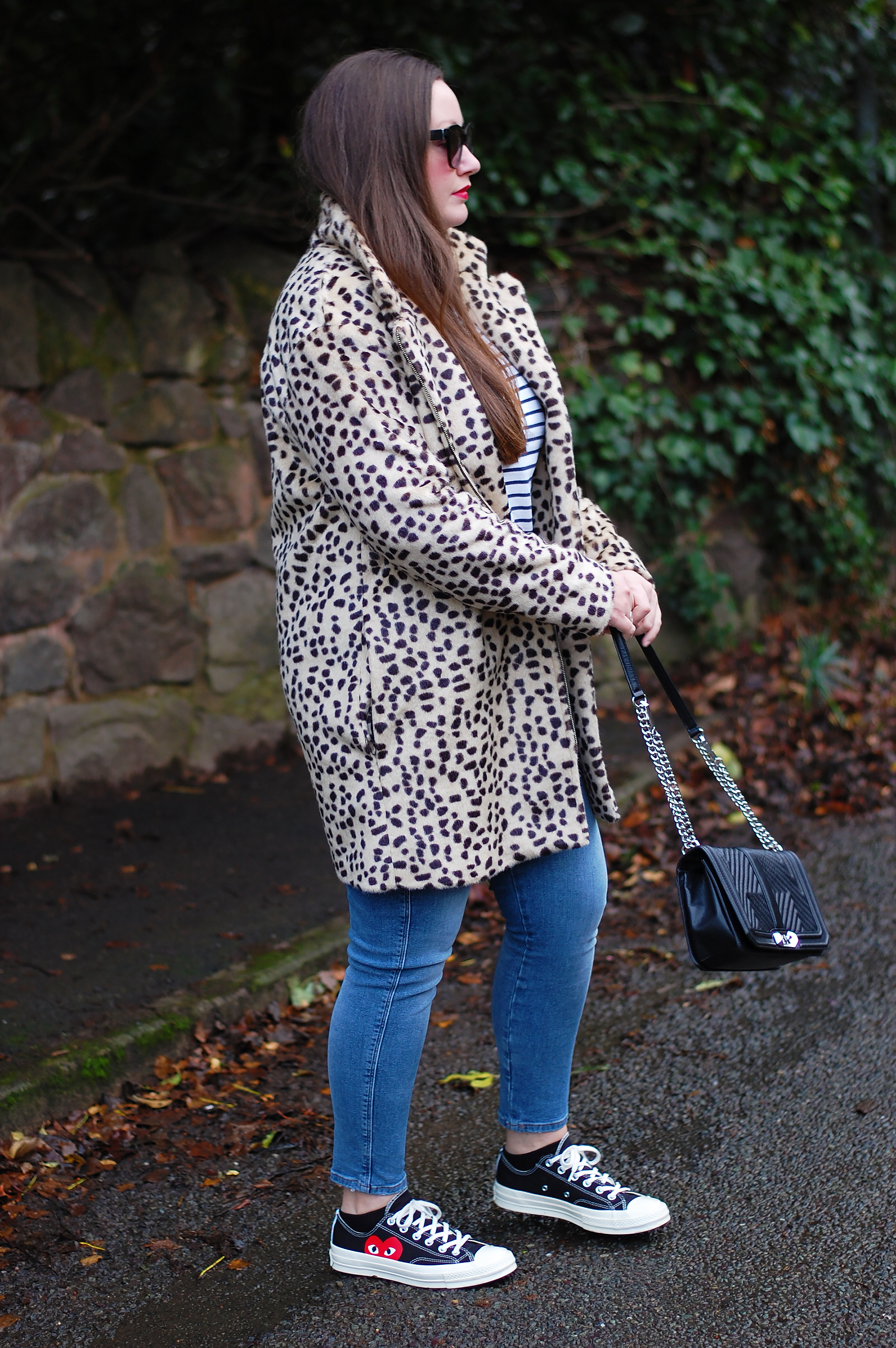 Animal Print Coat And Striped Top Outfit