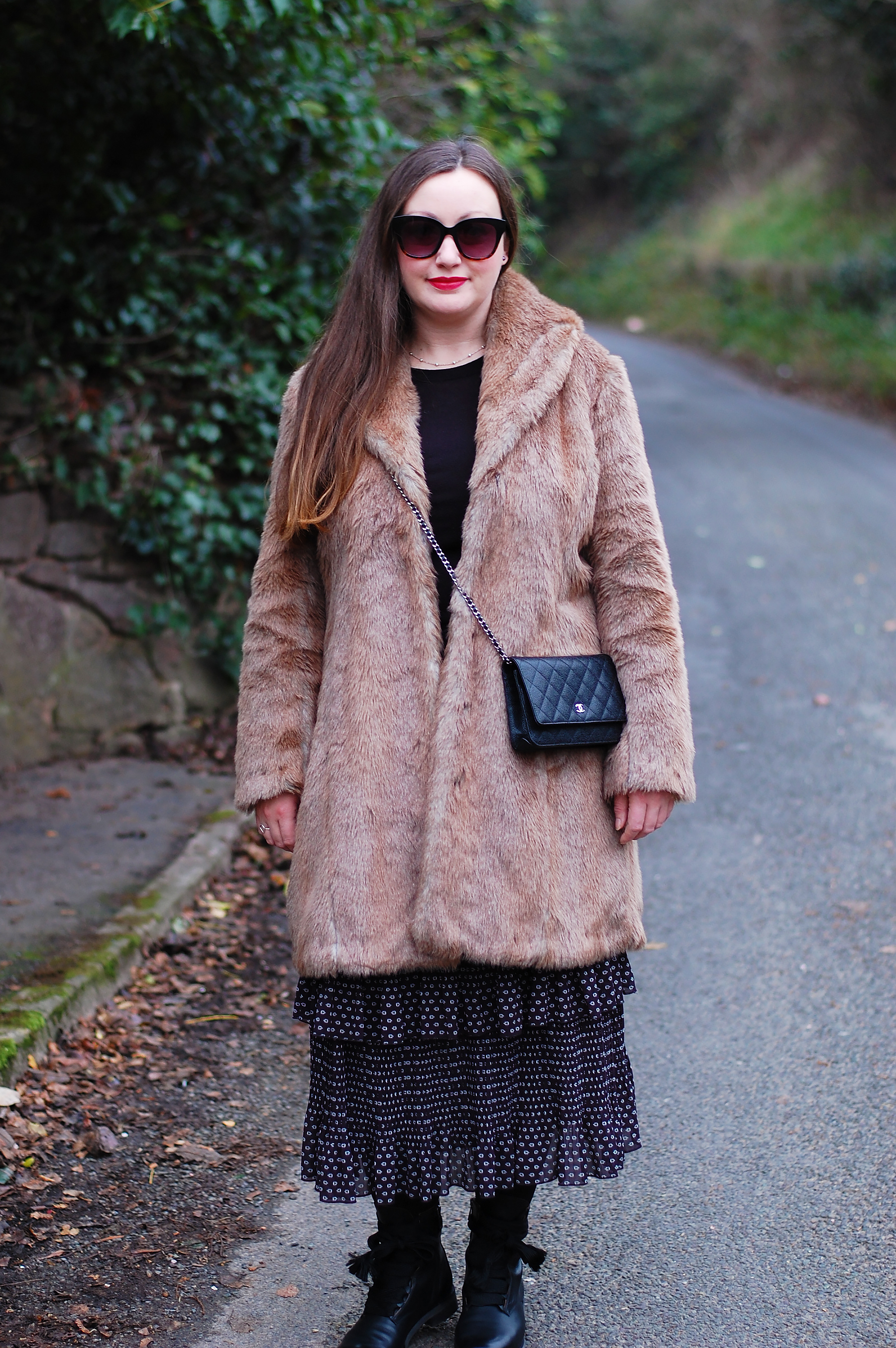 Vintage Faux Fur Coat With Floaty Midi Skirt Outfit