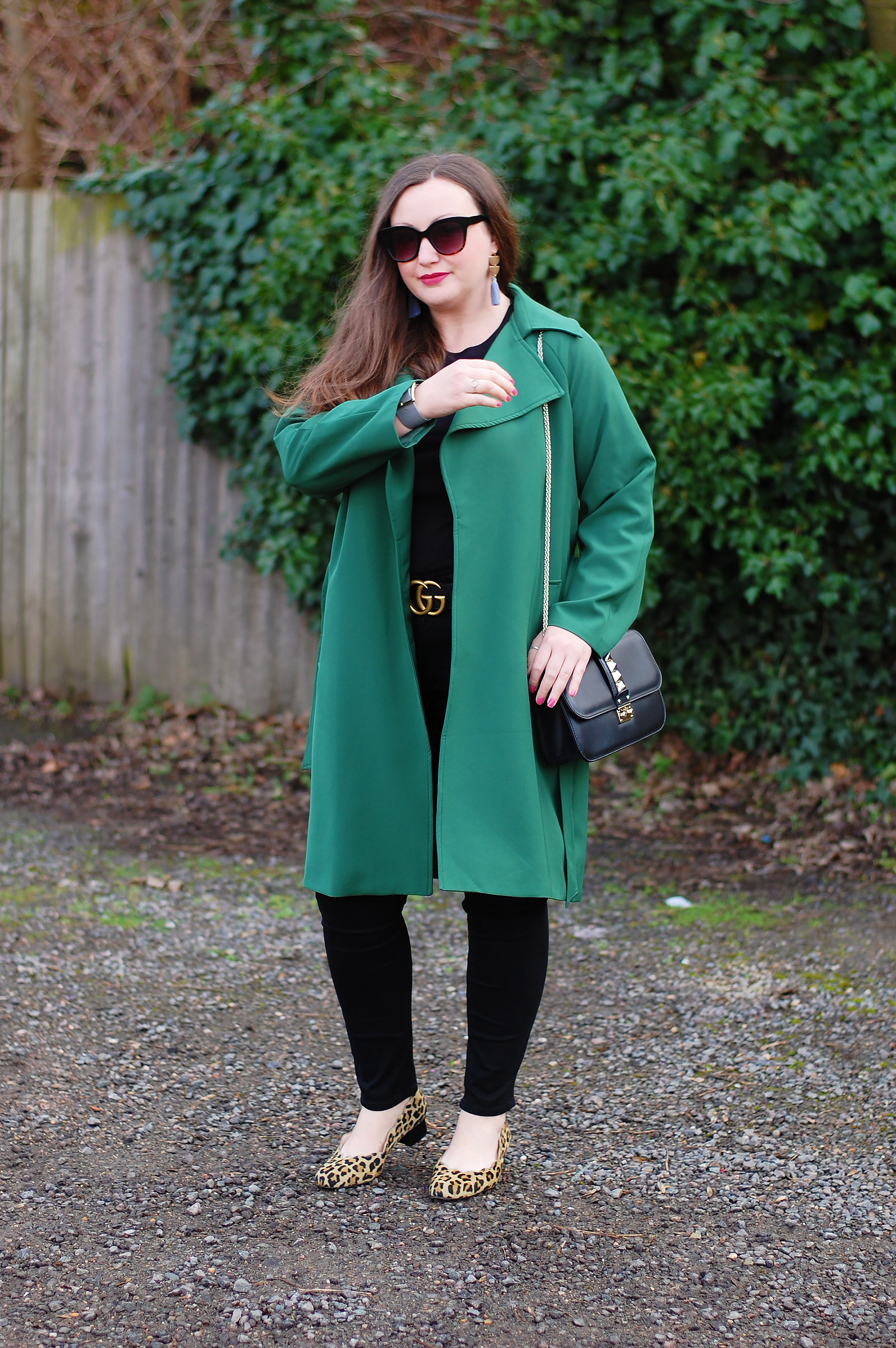 Green Trench Coat With Leopard Print Shoes