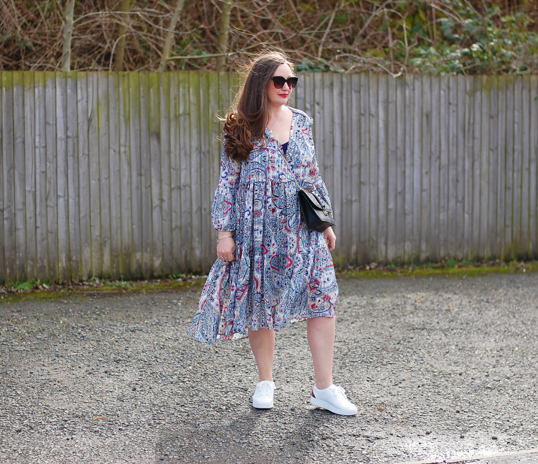Zara White Blue And Red Paisley Dress Styled With White Sneakers