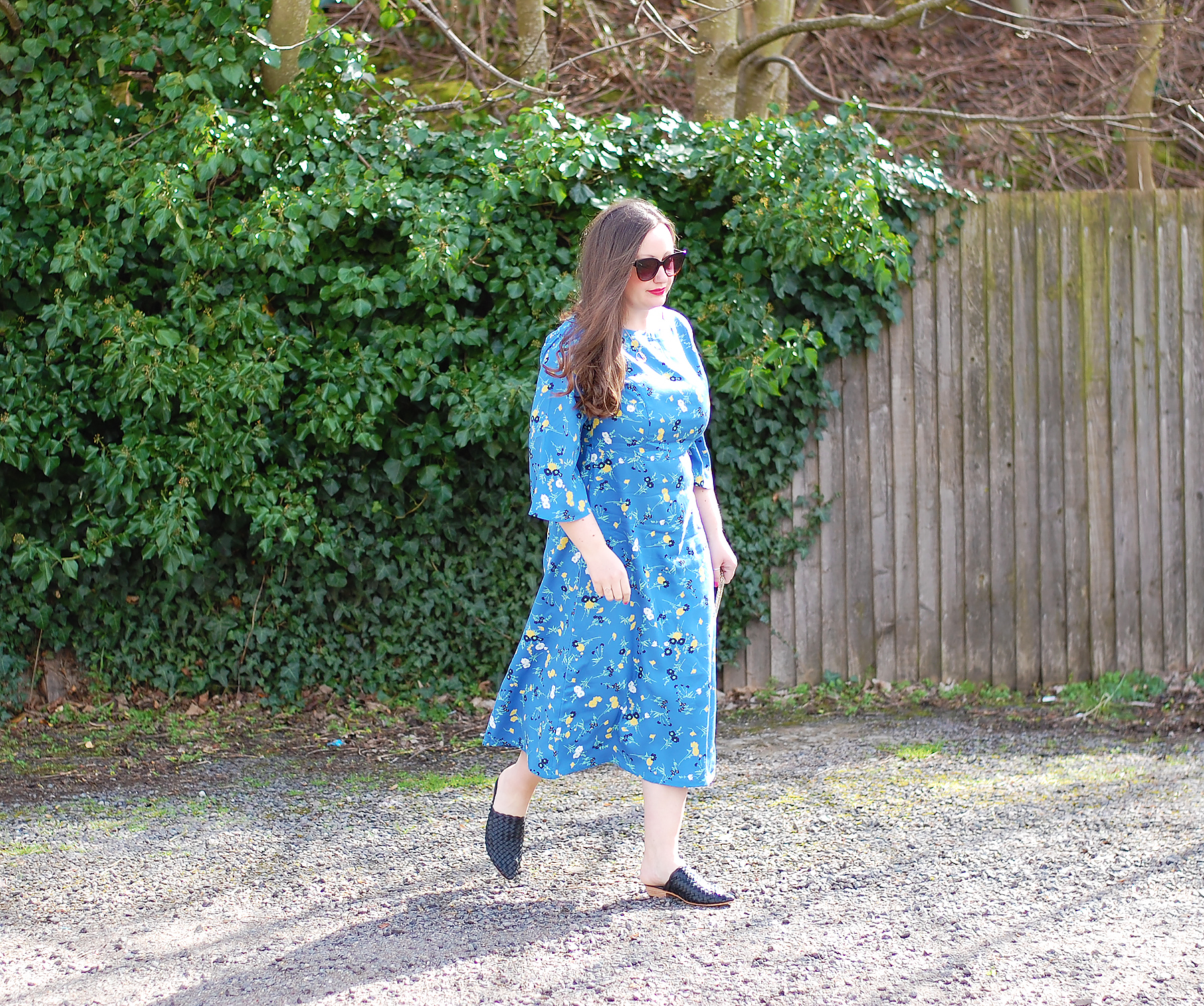 People Tree Blue Floral Midi Dress Outfit