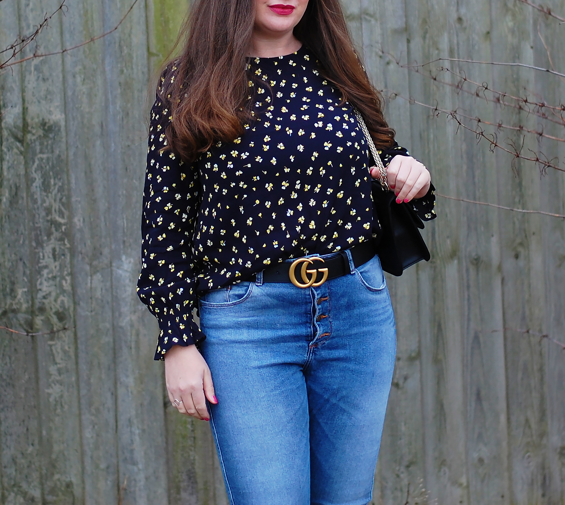 H&M Yellow and Navy Floral Blouse Outfit