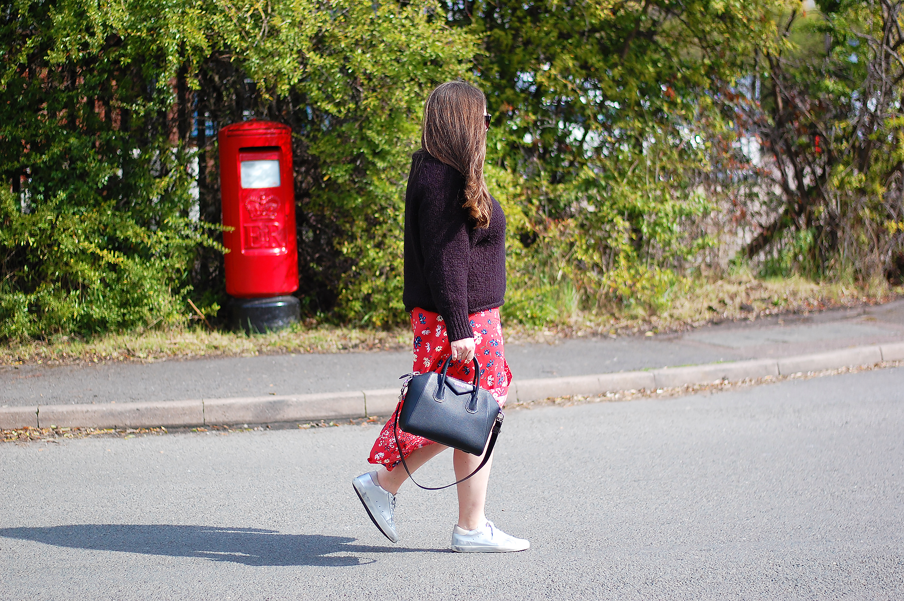 Red Floral Skirt and trainers outfit