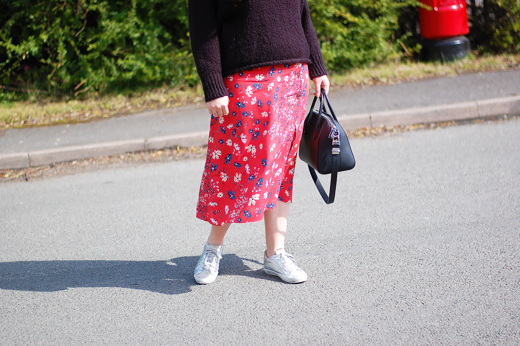 H&M Red Floral Midi Skirt With Buttons