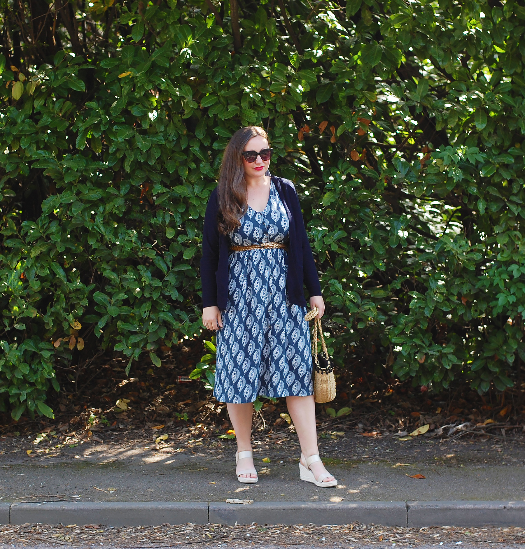 Blue Printed Midi Dress Outfit With Navy Cardigan And Gold Details