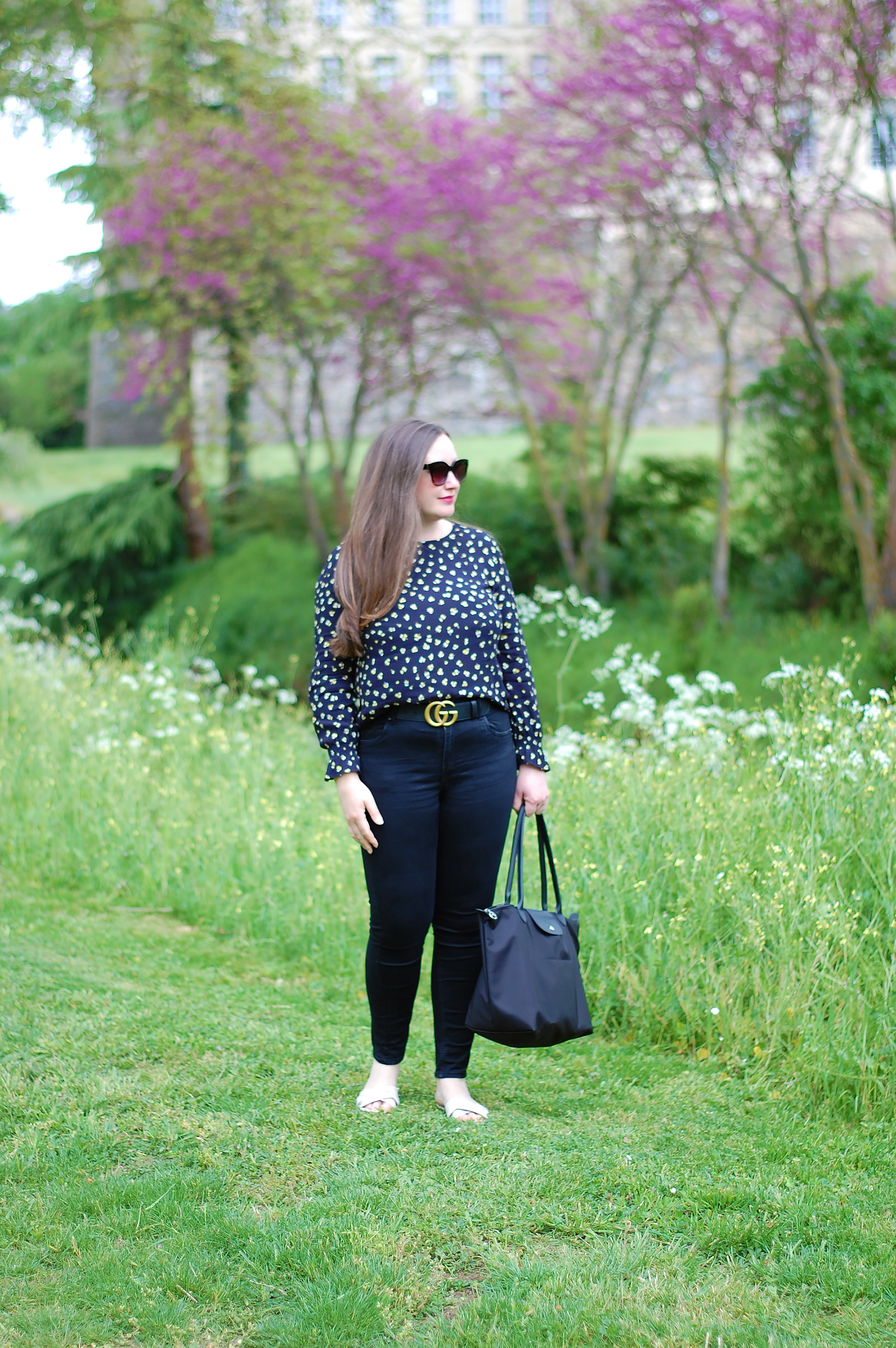 H&M Floral Blouse With Jeans and Longchamp Le Pliage Neo Large Shopping Bag