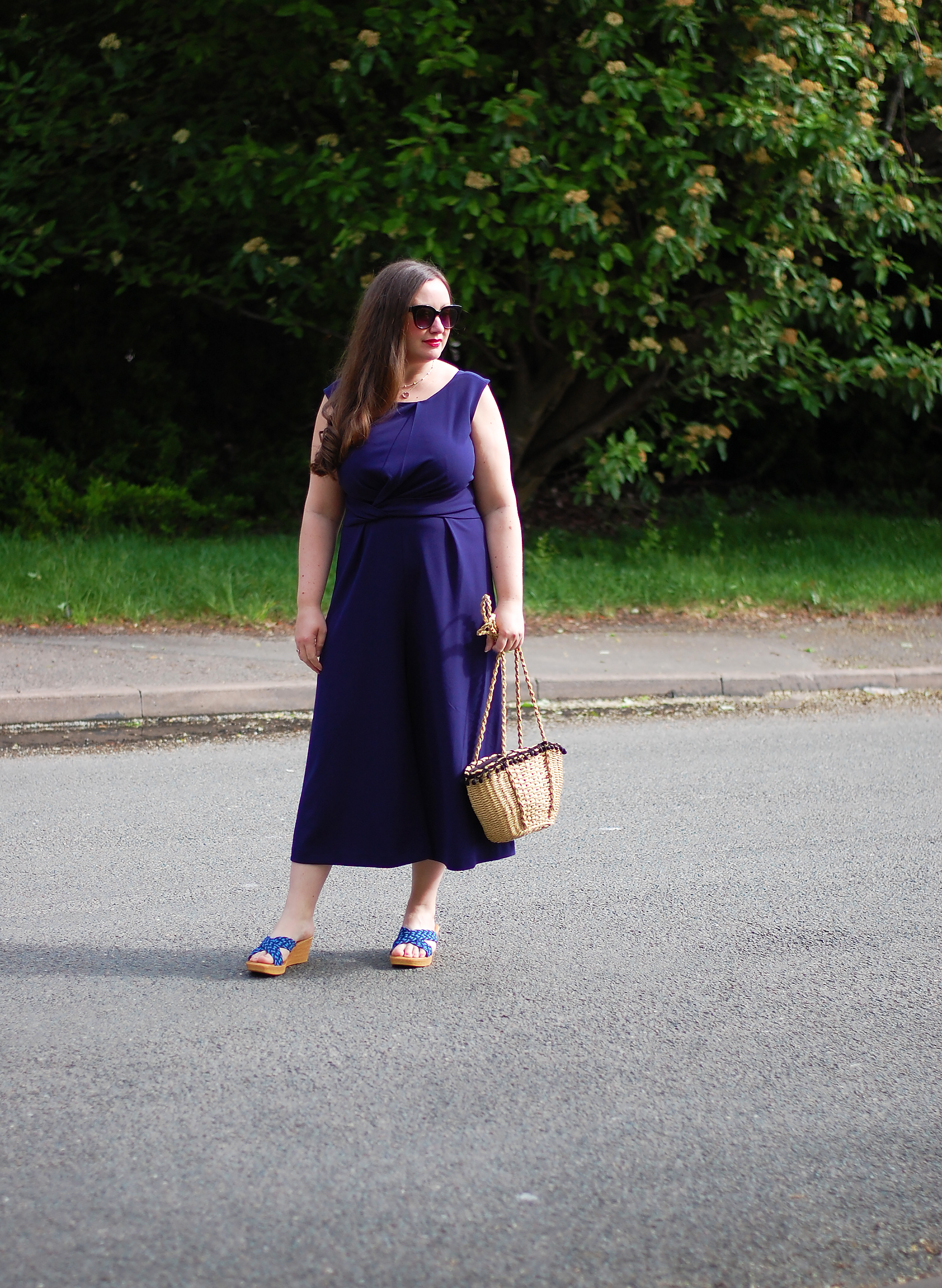 Navy Jumpsuit and Wedges Outfit