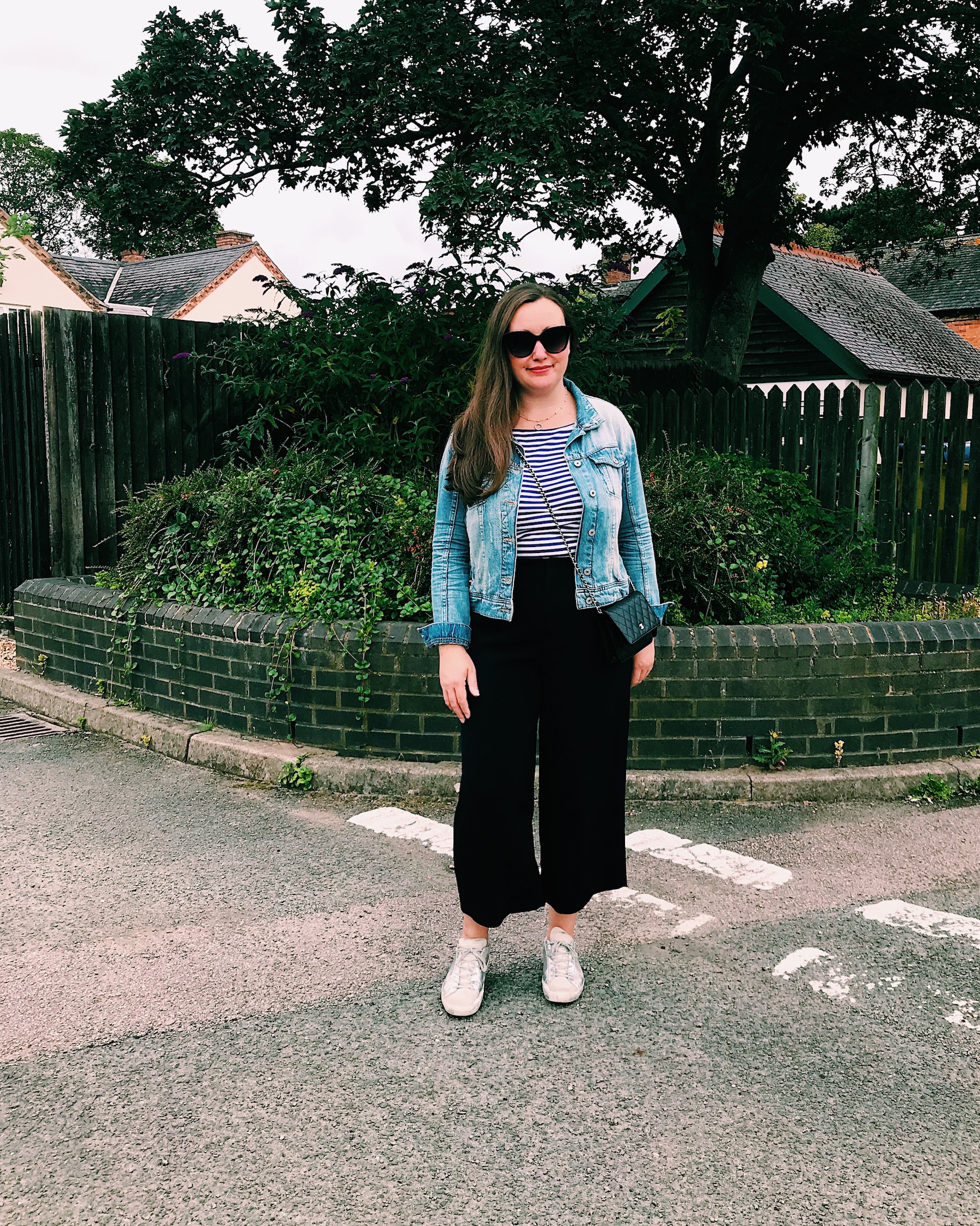 Navy Culottes with Striped Tee and Denim Jacket