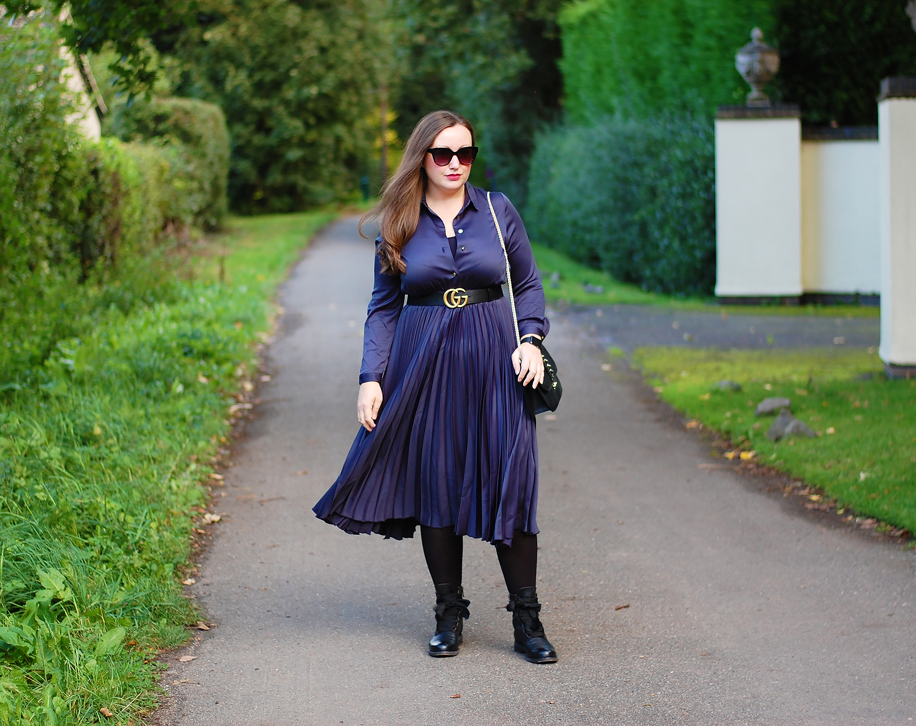 Navy Pleated Shirt Dress With Gold Details