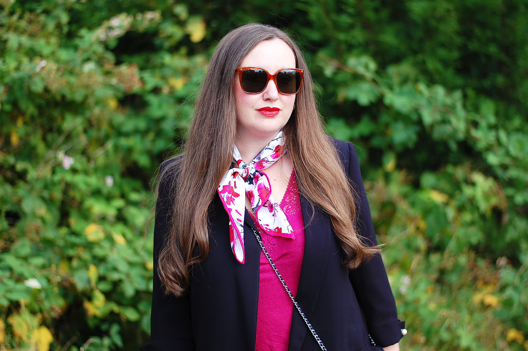 Pink floral silk scarf outfit