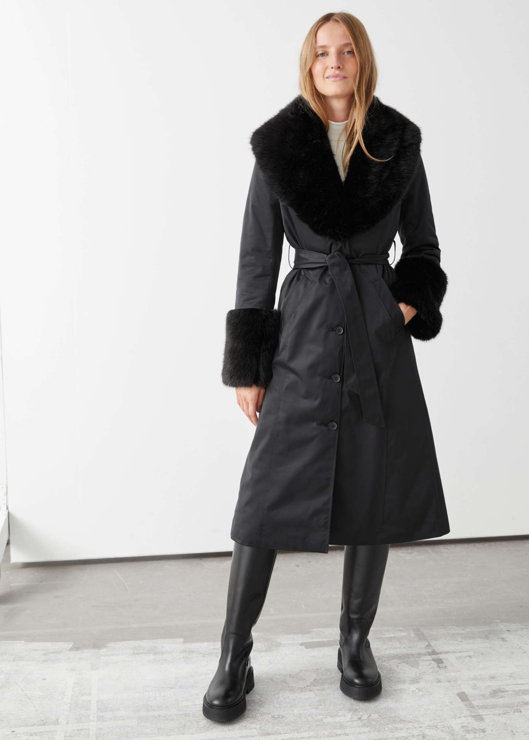 and other stories long belted fitted faux fur coat