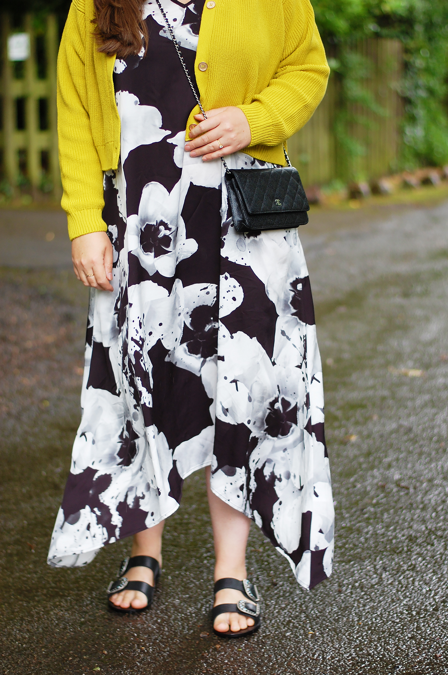 Sezane low jade mules black styled with the saint and sofia noho dress