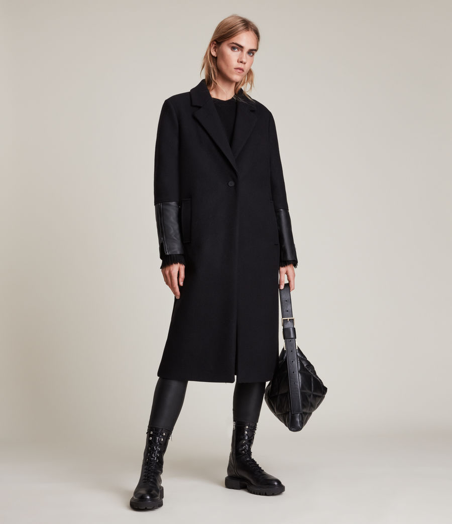 AllSaints Taylore Wool Blend Coat - black wool coat with leather sleeves