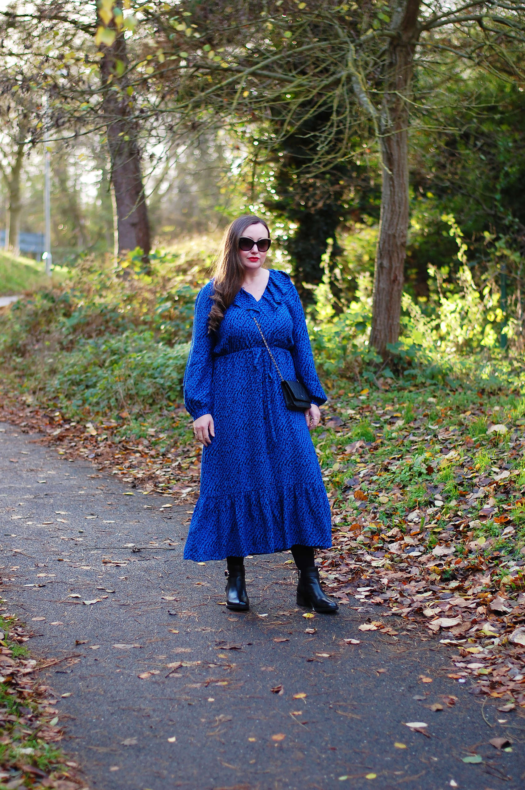 cobalt blue dress and black ankle boots outfit