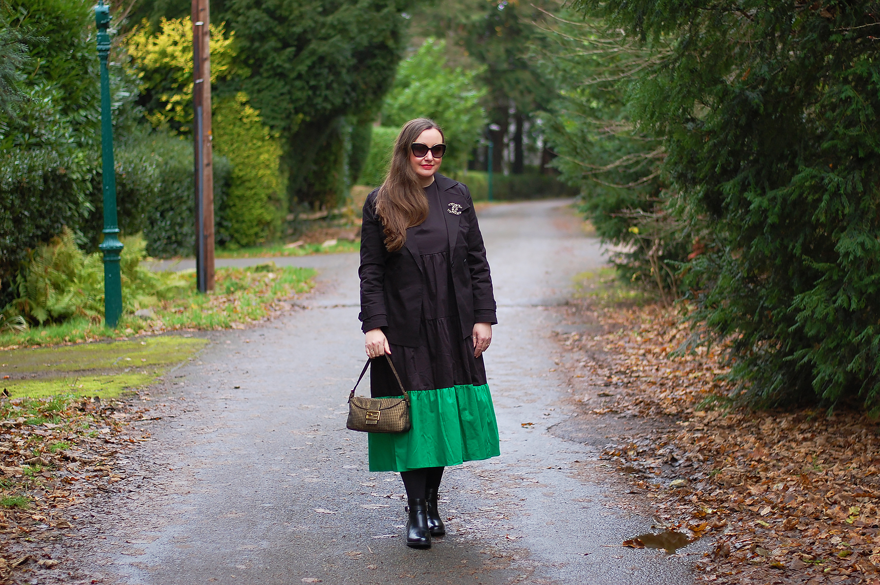 Green And Black Colourblock Dress Outfit