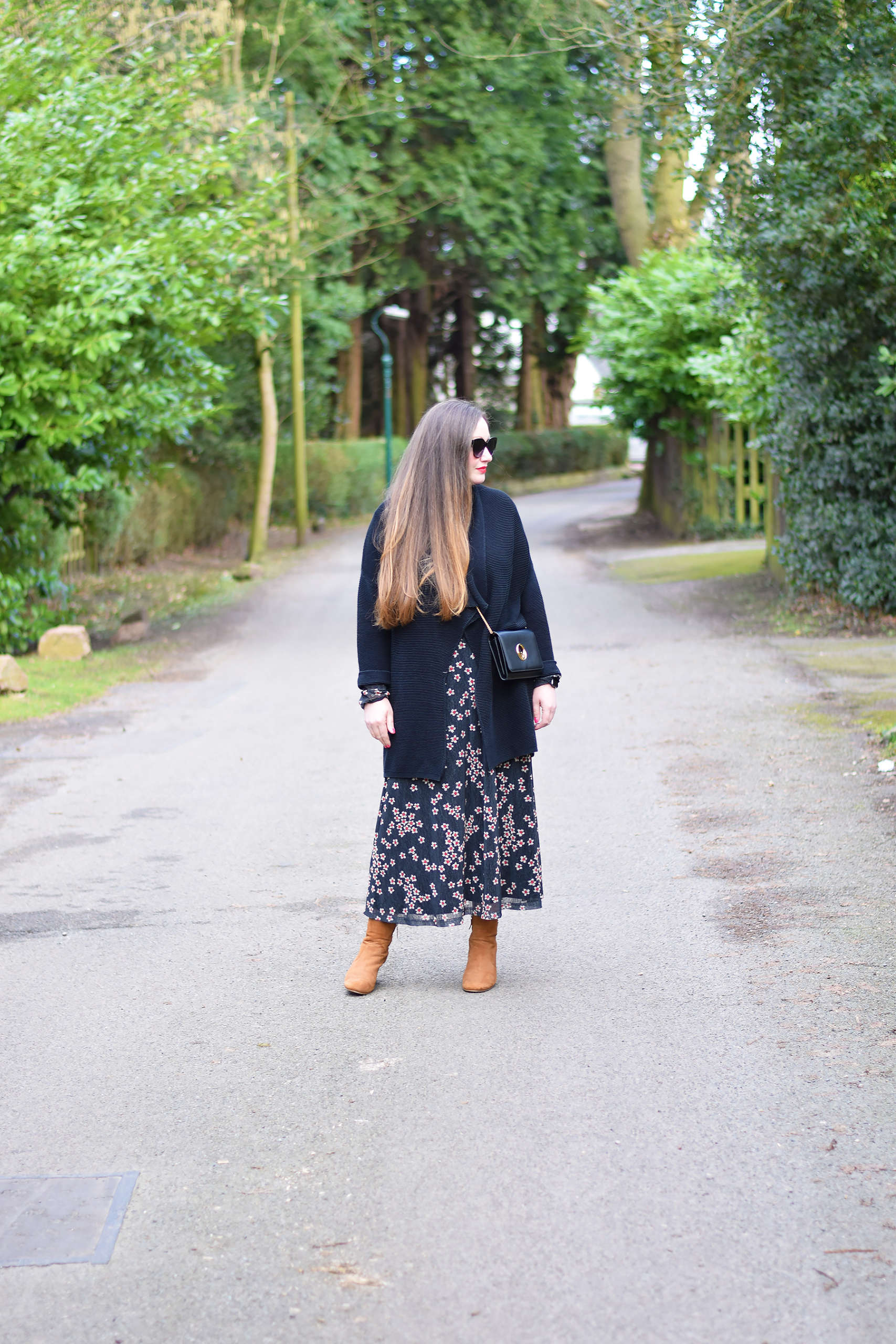 Floral maxi dress with cardigan and ankle boots