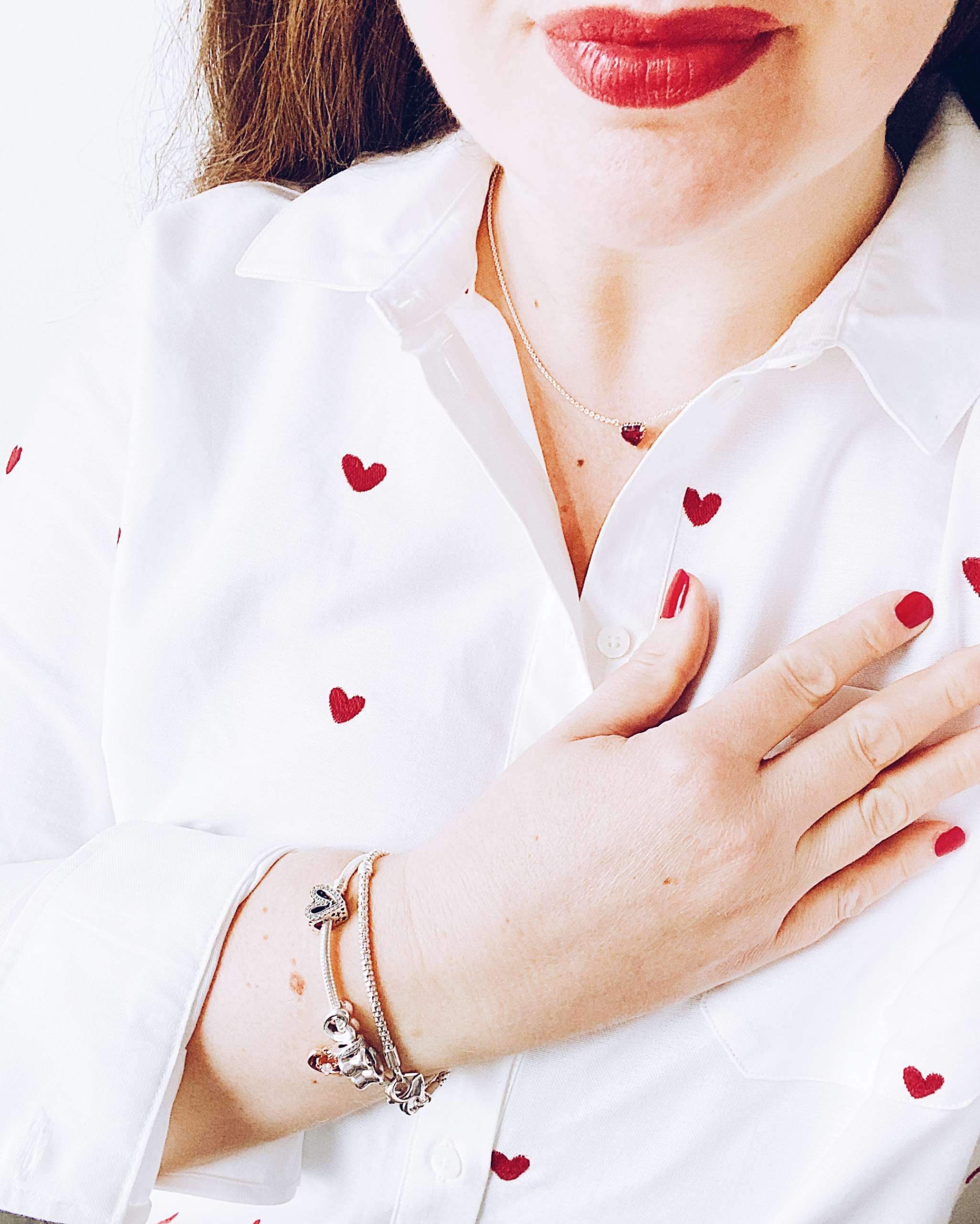Sezane Heart Embroidery Tomboy Shirt and Pandora Jewellery