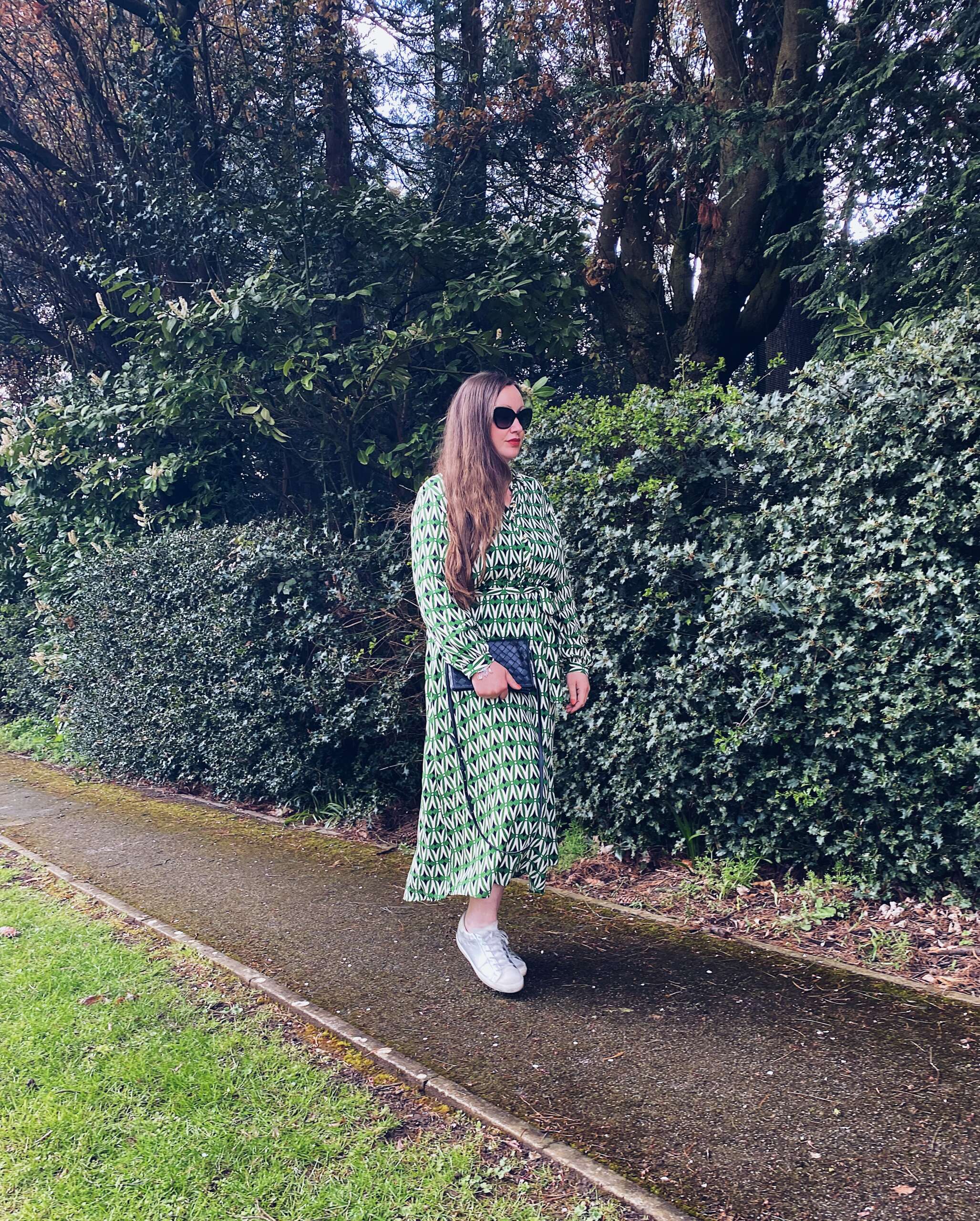 Zara green patterned dress outfit