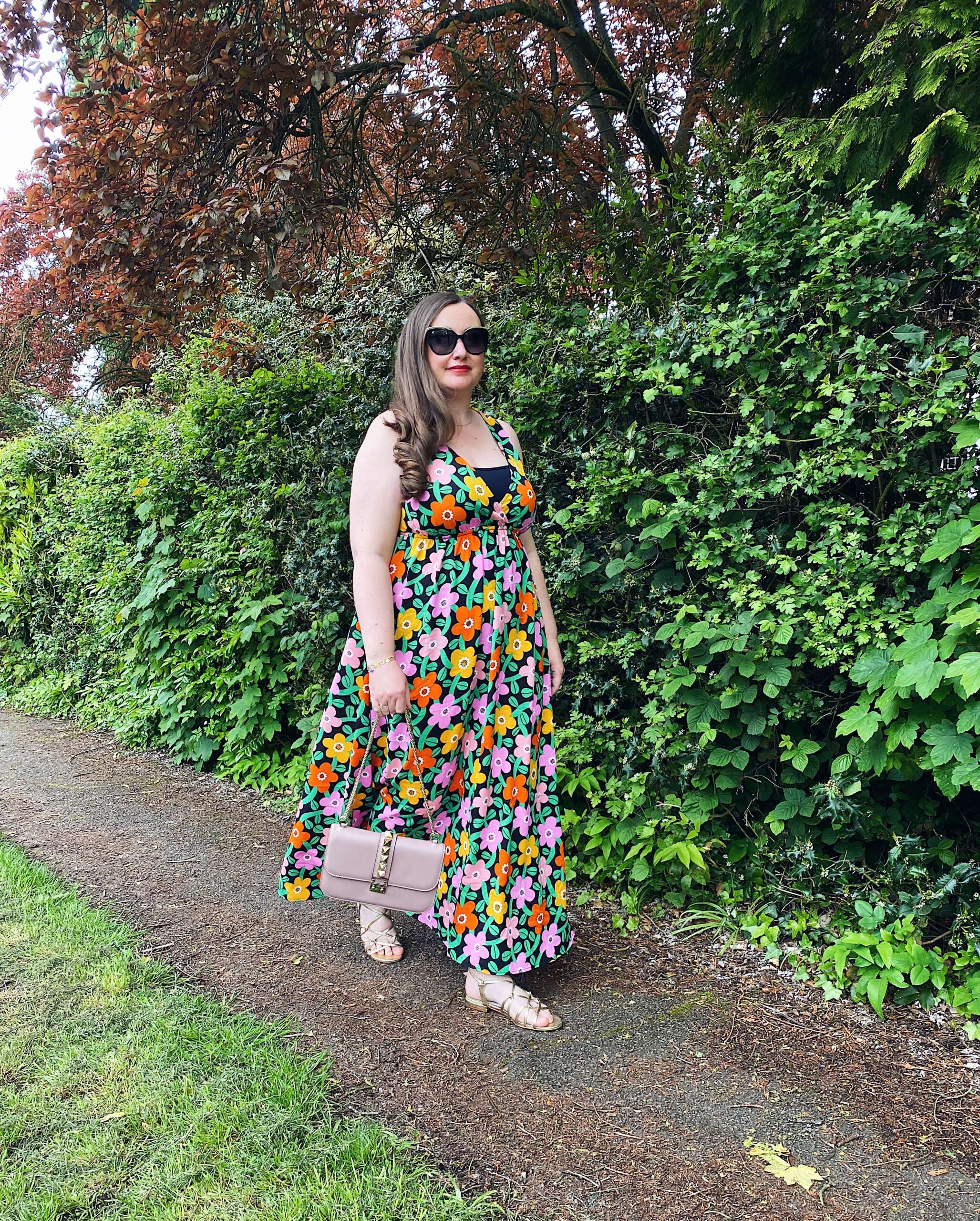 Floral Maxi Dress With Retro Print and Black Background
