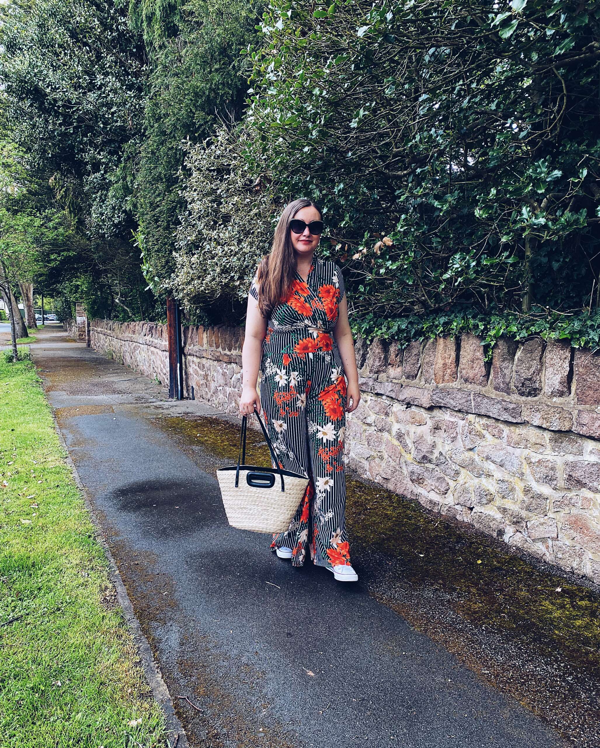 Hotsquash Wide Leg Jumpsuit with basket bag and trainers