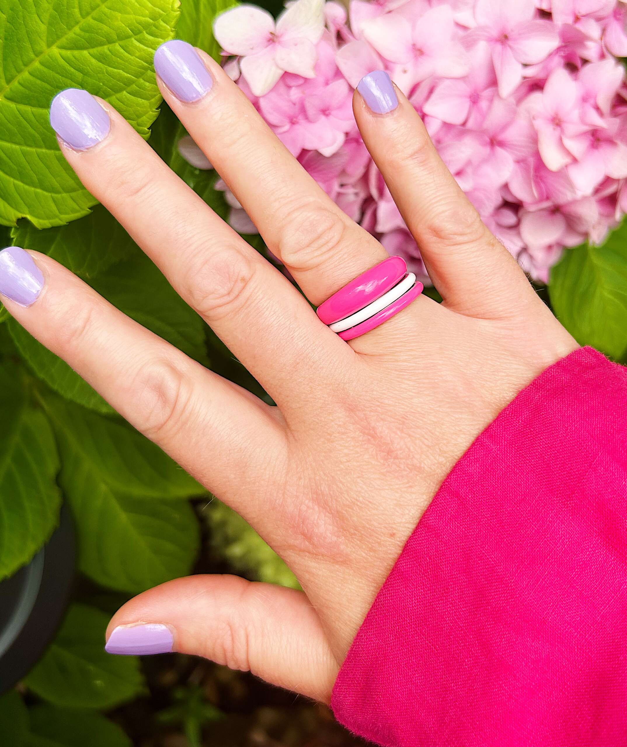 J&CO pink and white enamel stacking ring - barbiecore trend