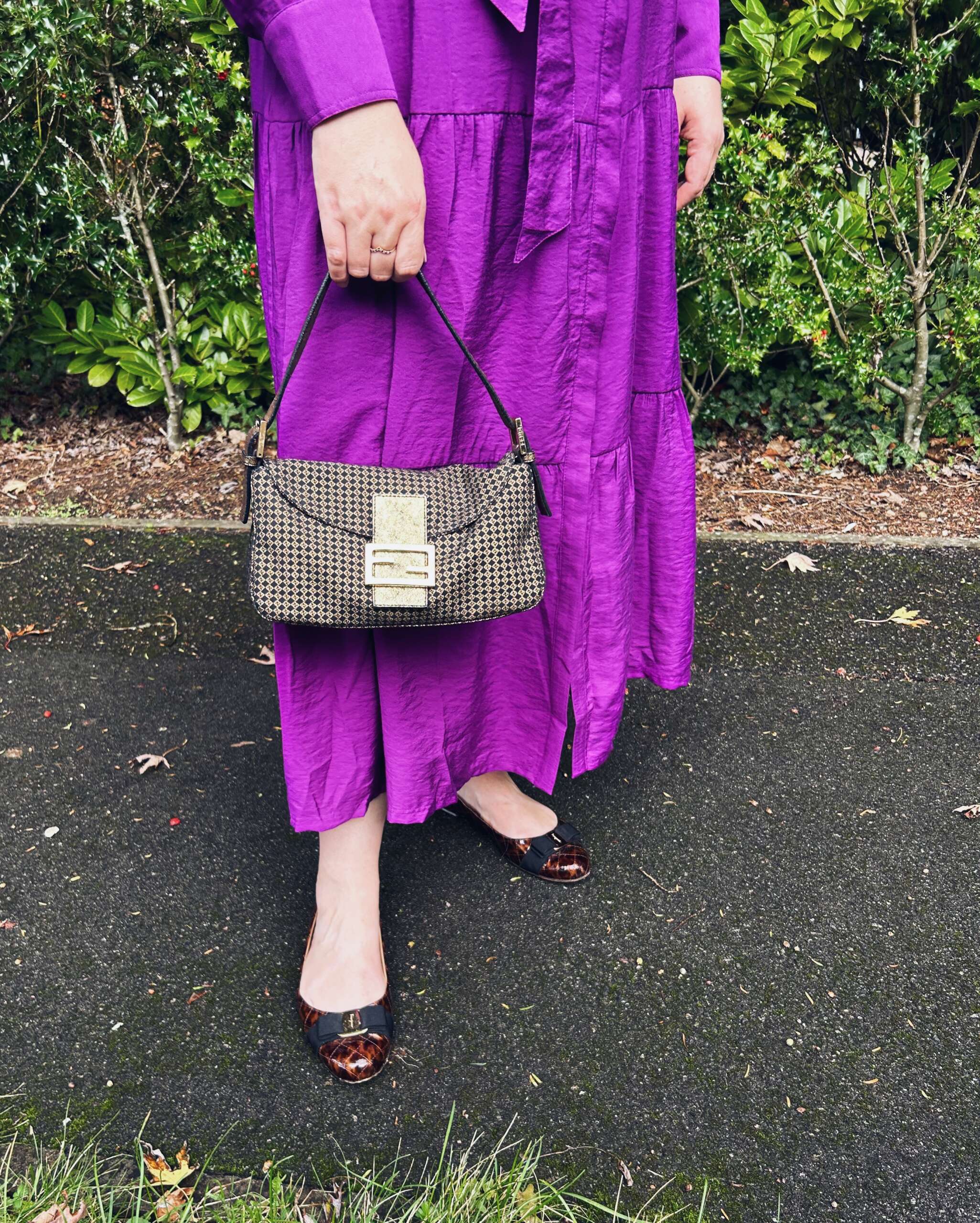 Purple Maxi Dress with Ballerina Flats and Fendi Handbag