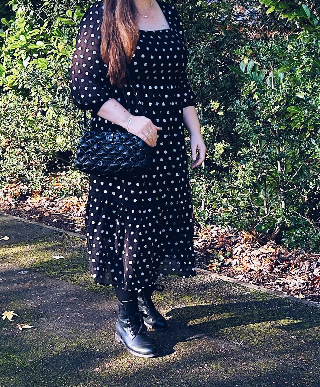 Joanie Clothing Bouvier Black And Silver Polka Dot Midi Dress Outfit