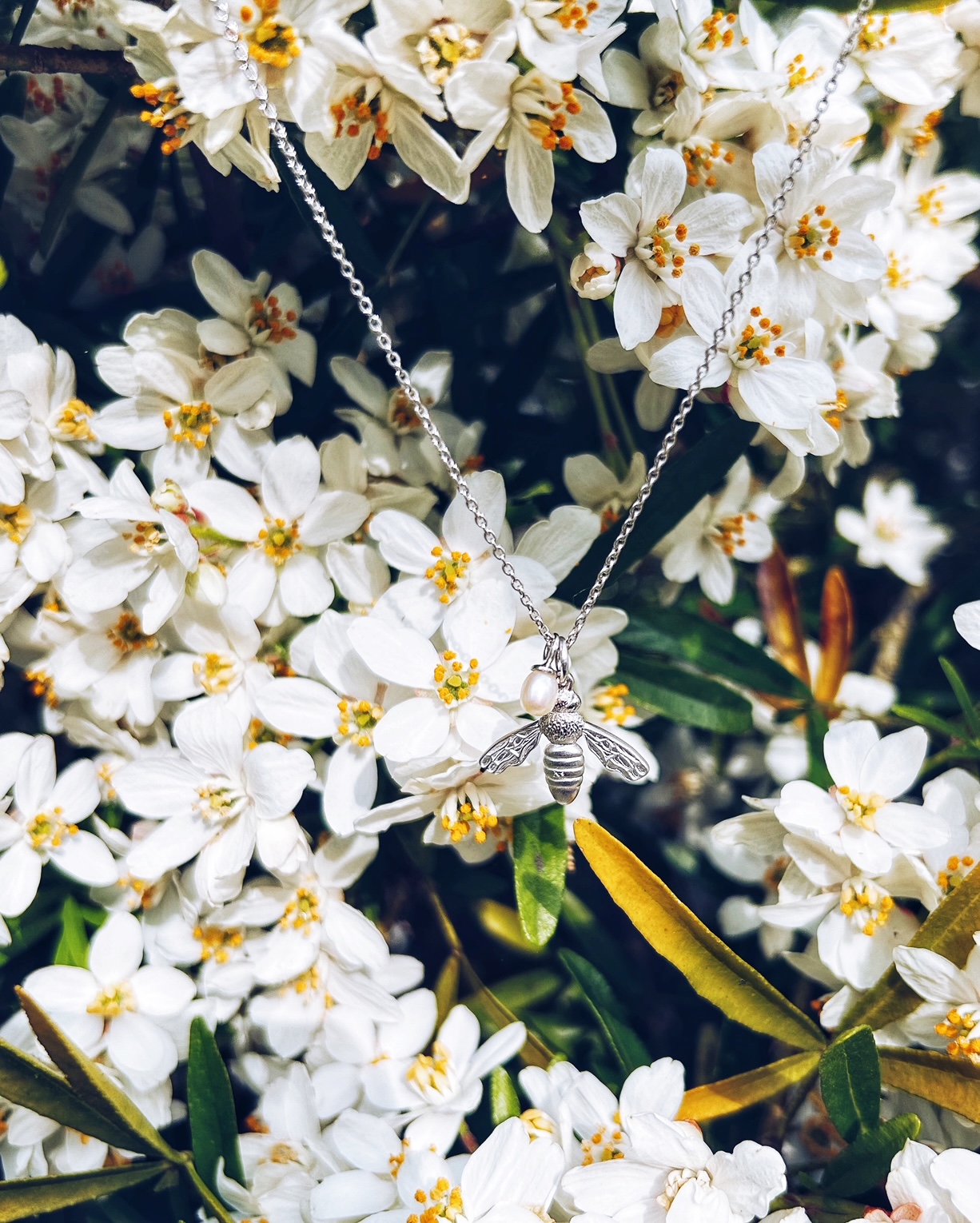 Claudia Bradby sterling silver and pearl flying bee pendant necklace