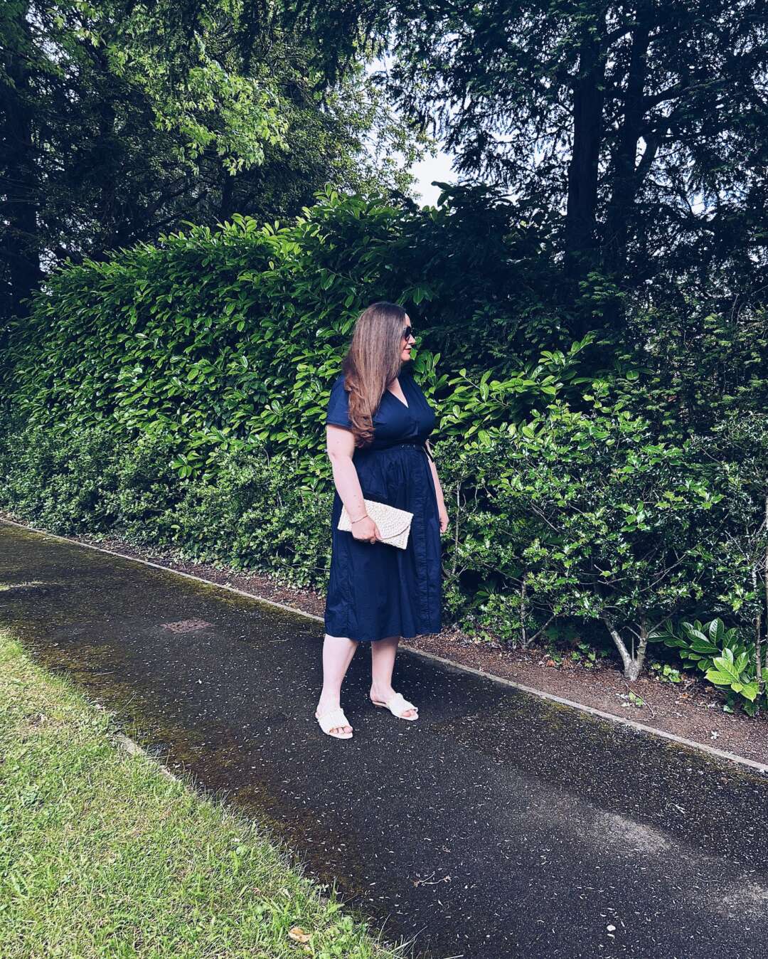 LK Bennett Eva Navy Sun Dress, Dove Raffia clutch bag and Meera Raffia Sandals