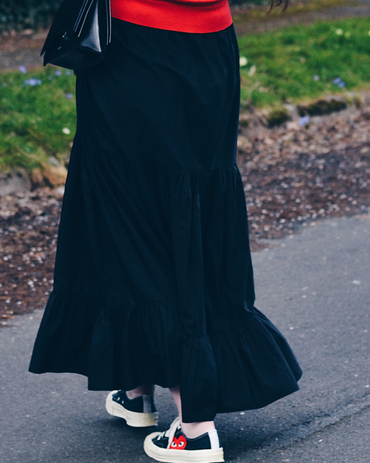 Black Maxi Dress with Converse COMME des GARÇONS Trainers
