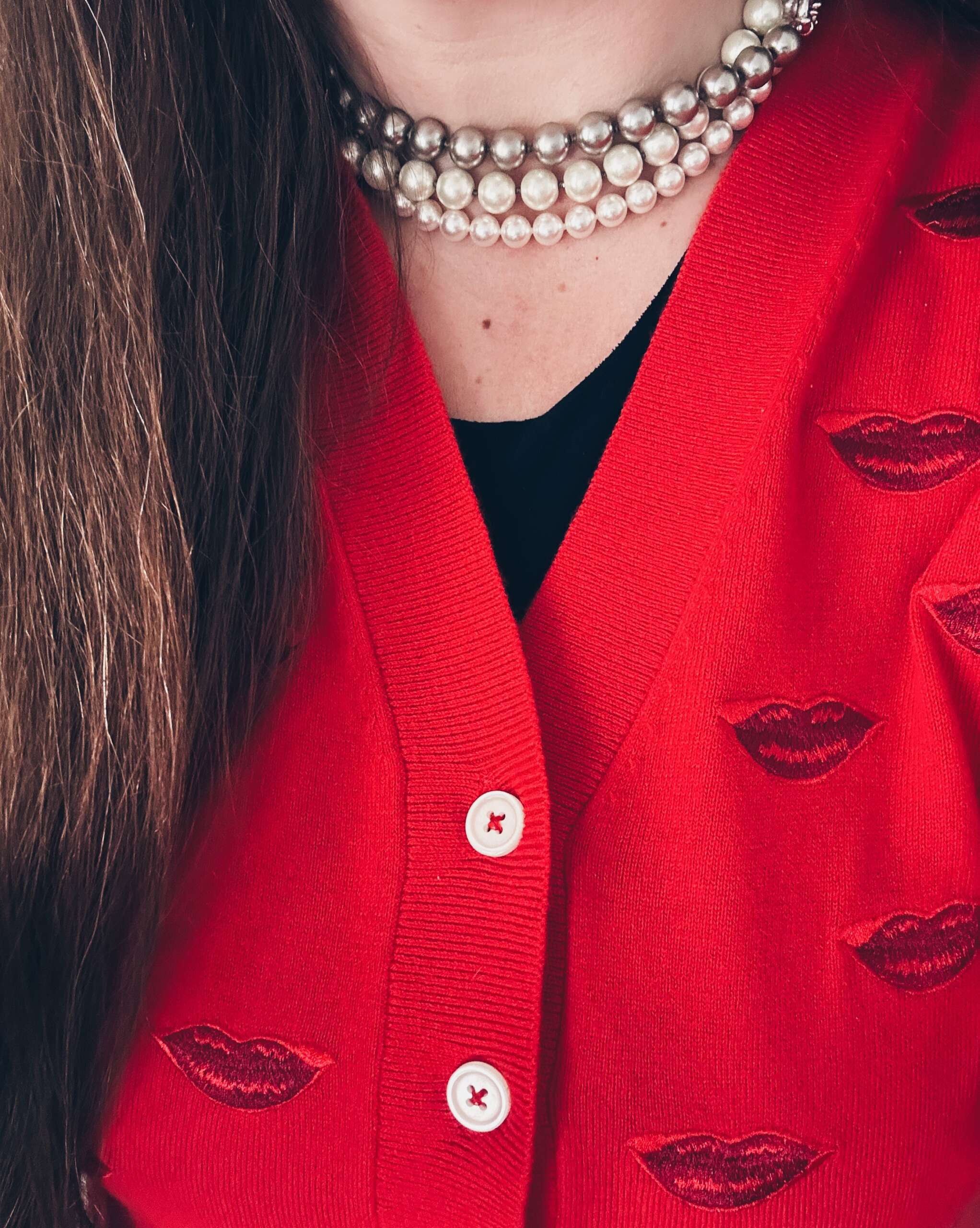 LK Bennett Tallis Red Lips Embroidered V Neck Cardigan