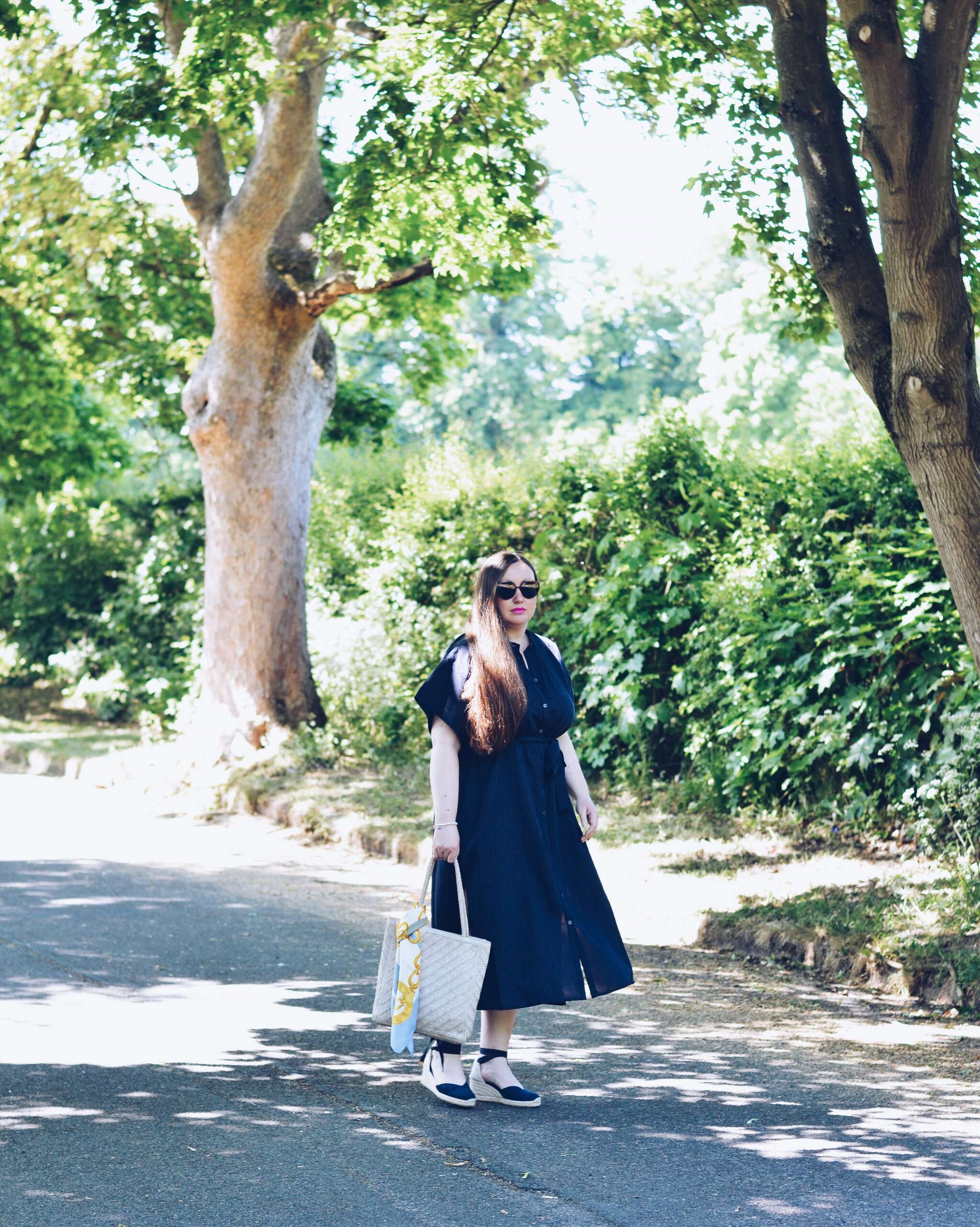 Uniqlo Womens Linen Blend Relaxed Dress - Navy Striped Midi dress