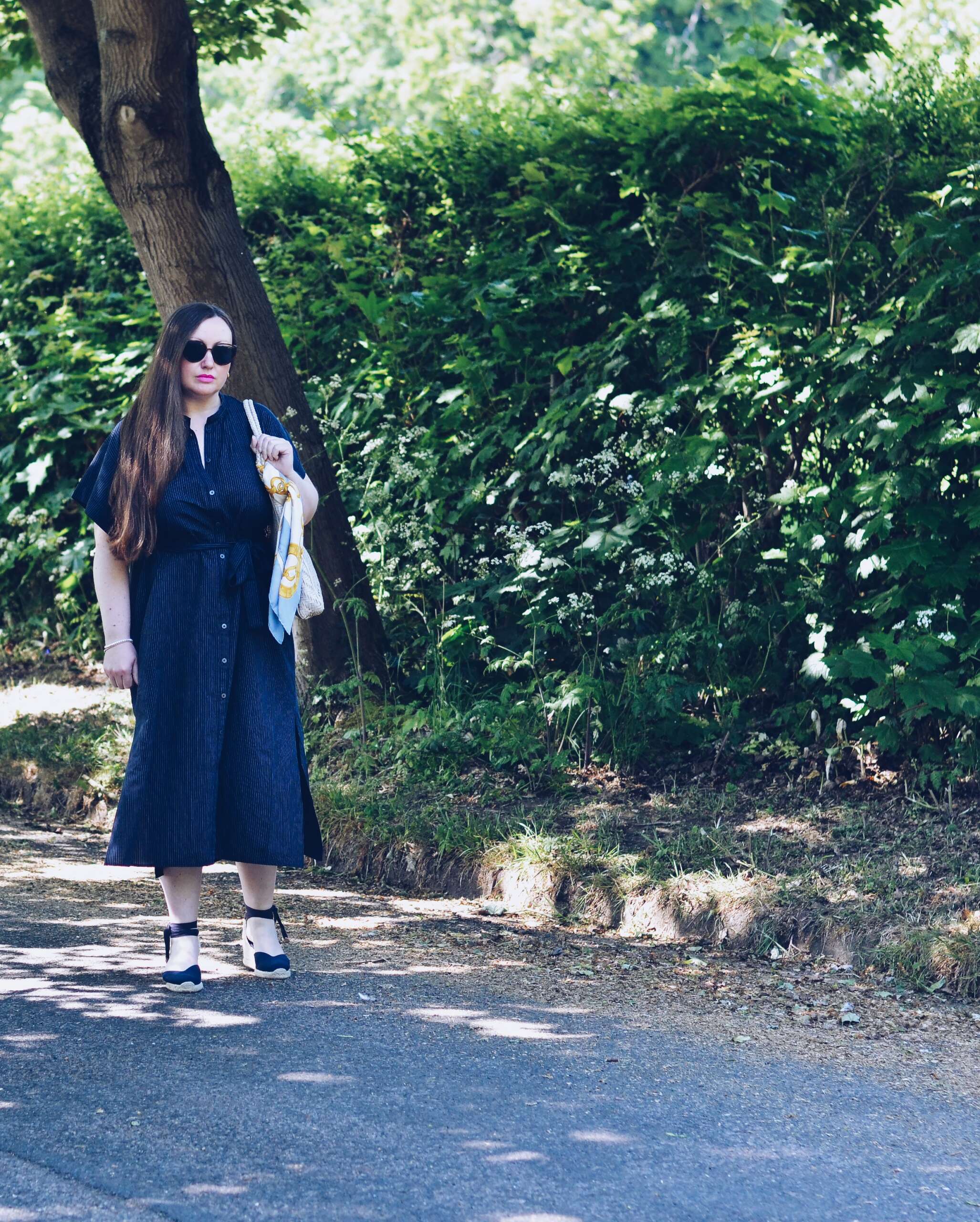 Uniqlo Womens Linen Blend Relaxed Dress - Navy Striped Midi dress