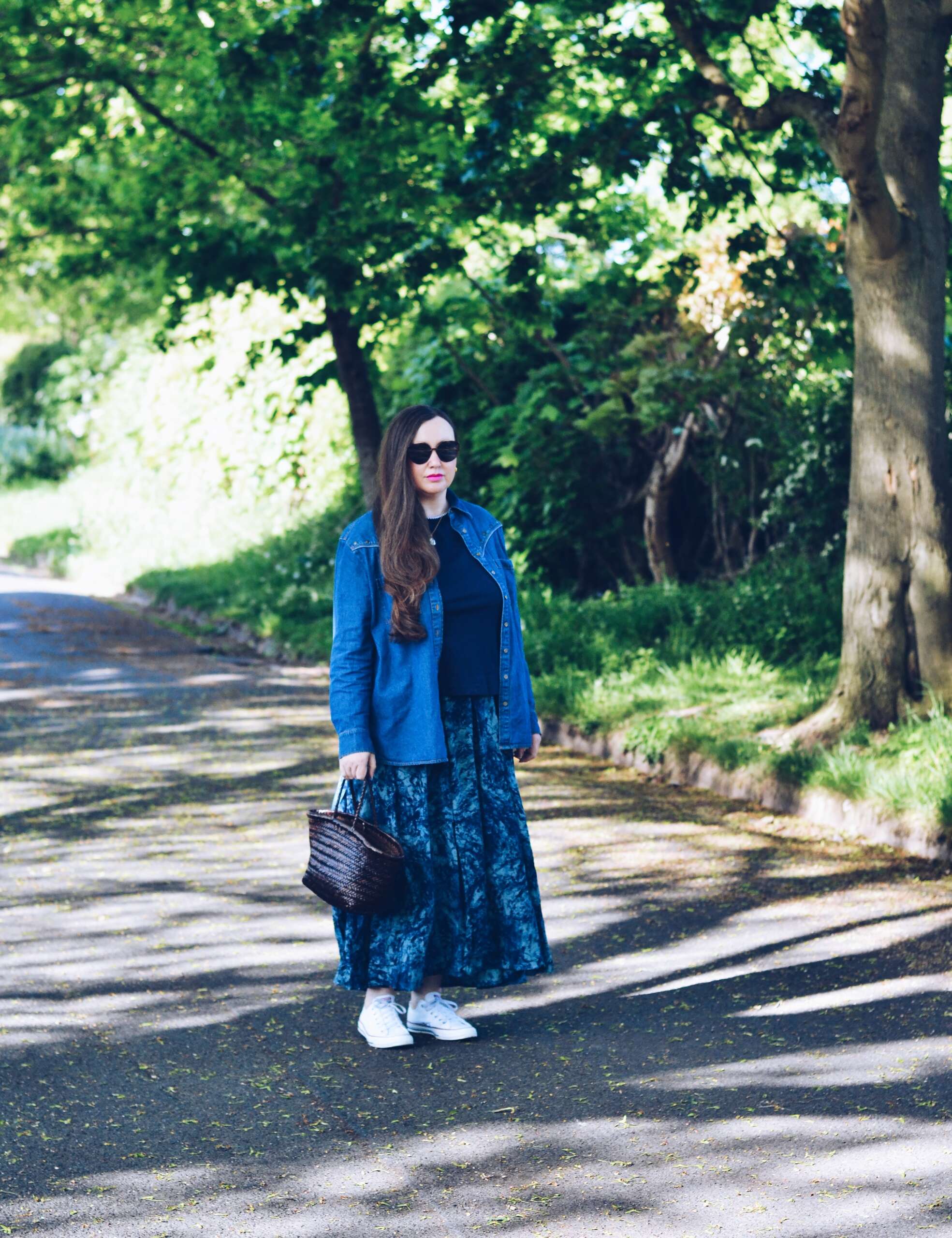 Blue tones outfit with maxi skirt and denim shirt