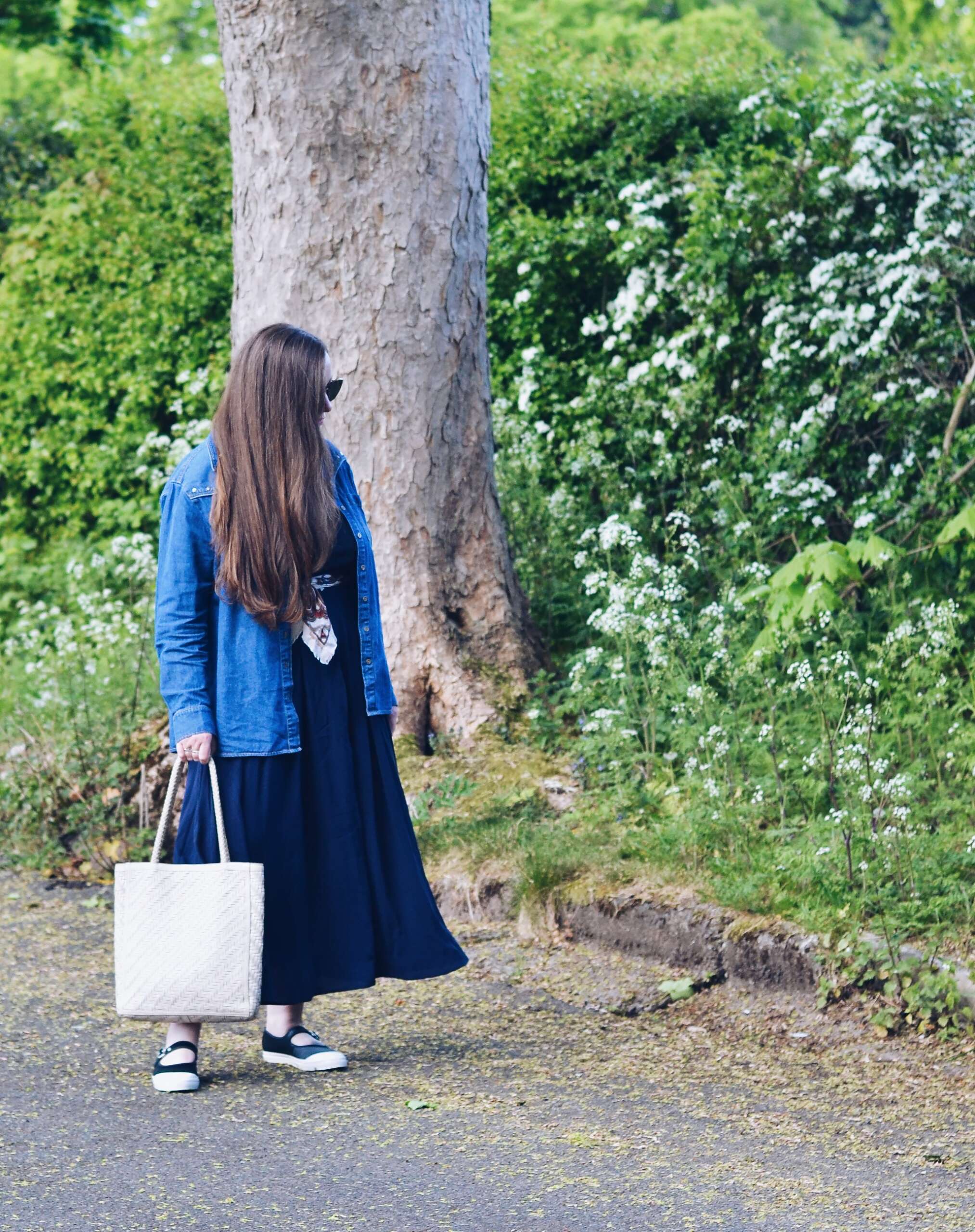 Saint + Sofia Navy dress and Denim shirt
